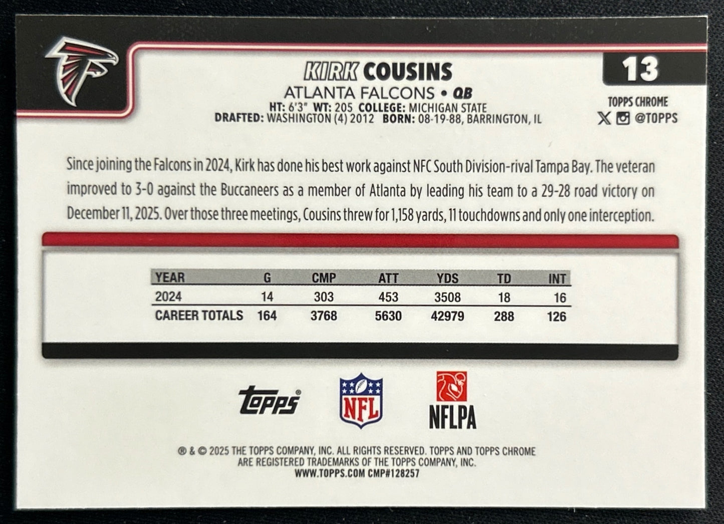 Kirk Cousins 2025 Topps Chrome Falcons Raiders Sports Trading Cards