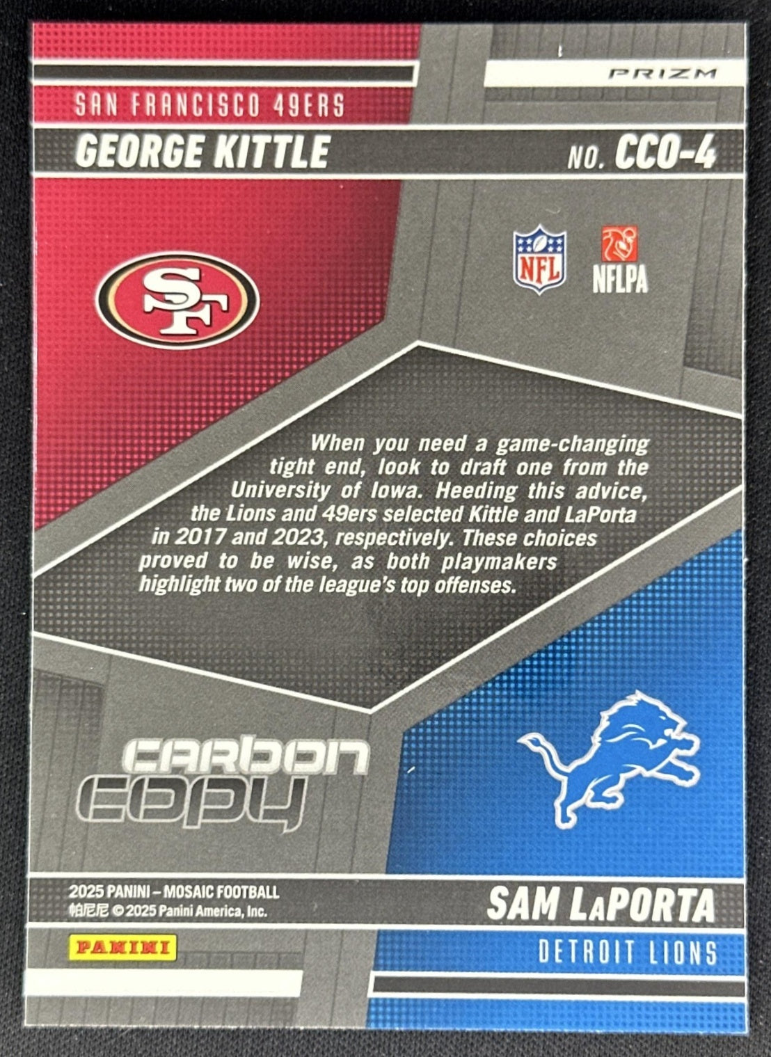George Kittle Sam LaPorta 2025 Panini Mosaic Carbon Copy No Huddle Silver Prizm Sports Trading Cards