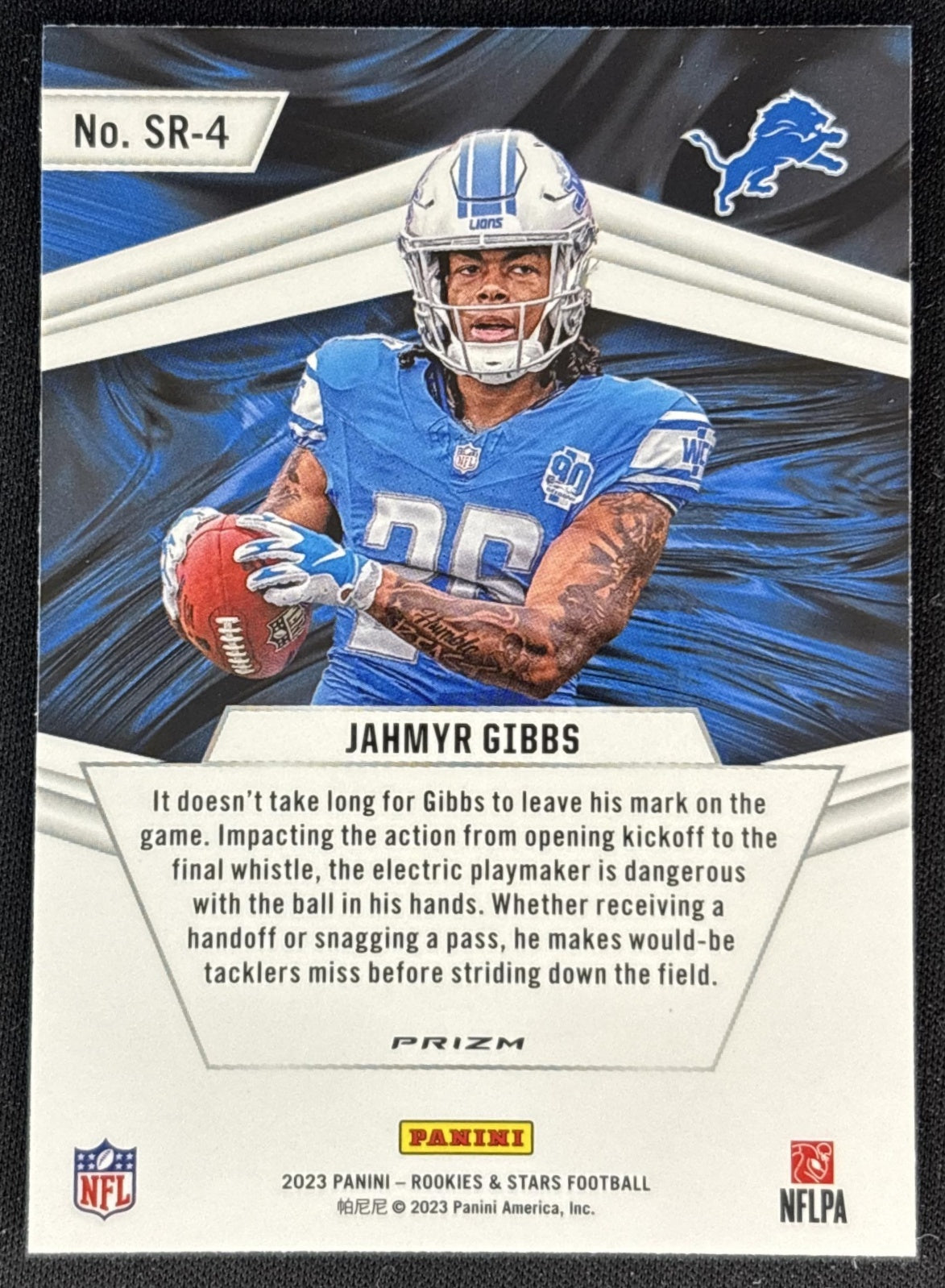 Jahmyr Gibbs 2023 Panini Rookies & Stars Stellar Silver Lions Back