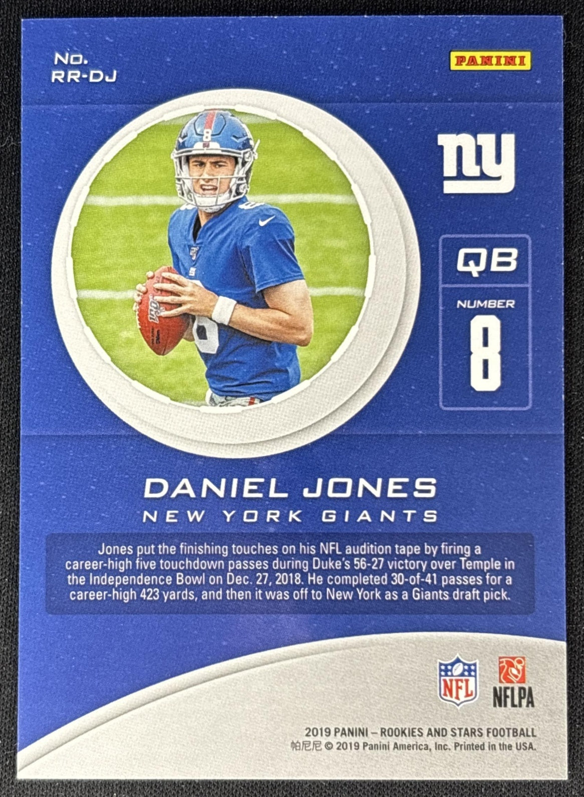 Daniel Jones 2019 Panini Rookies & Stars Rookie Rush Orange /99 Giants back