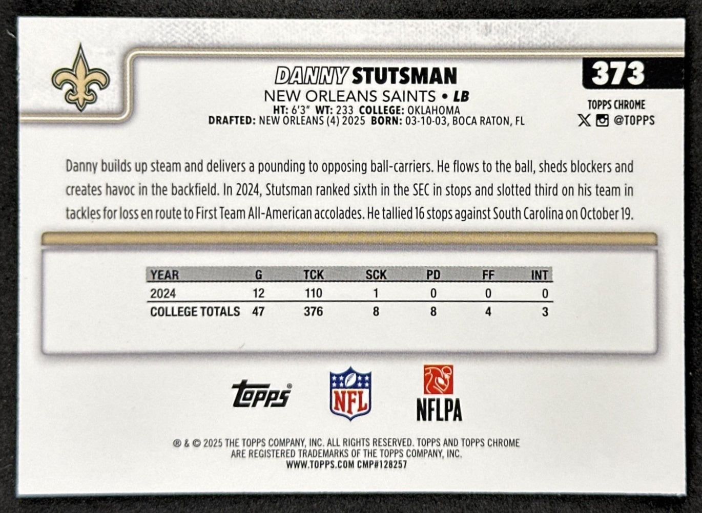 Danny Stutsman 2025 Topps Chrome Rookie Geometric Refractor Saints Sports Trading Cards