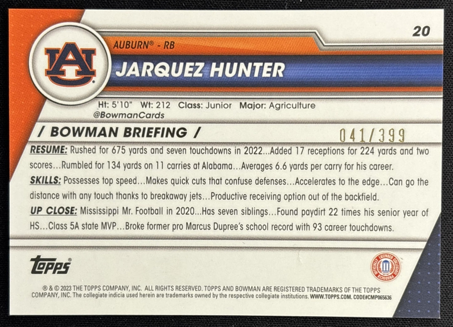 Jarquez Hunter 2023 Bowman University Chrome Purple Refractor /399 back
