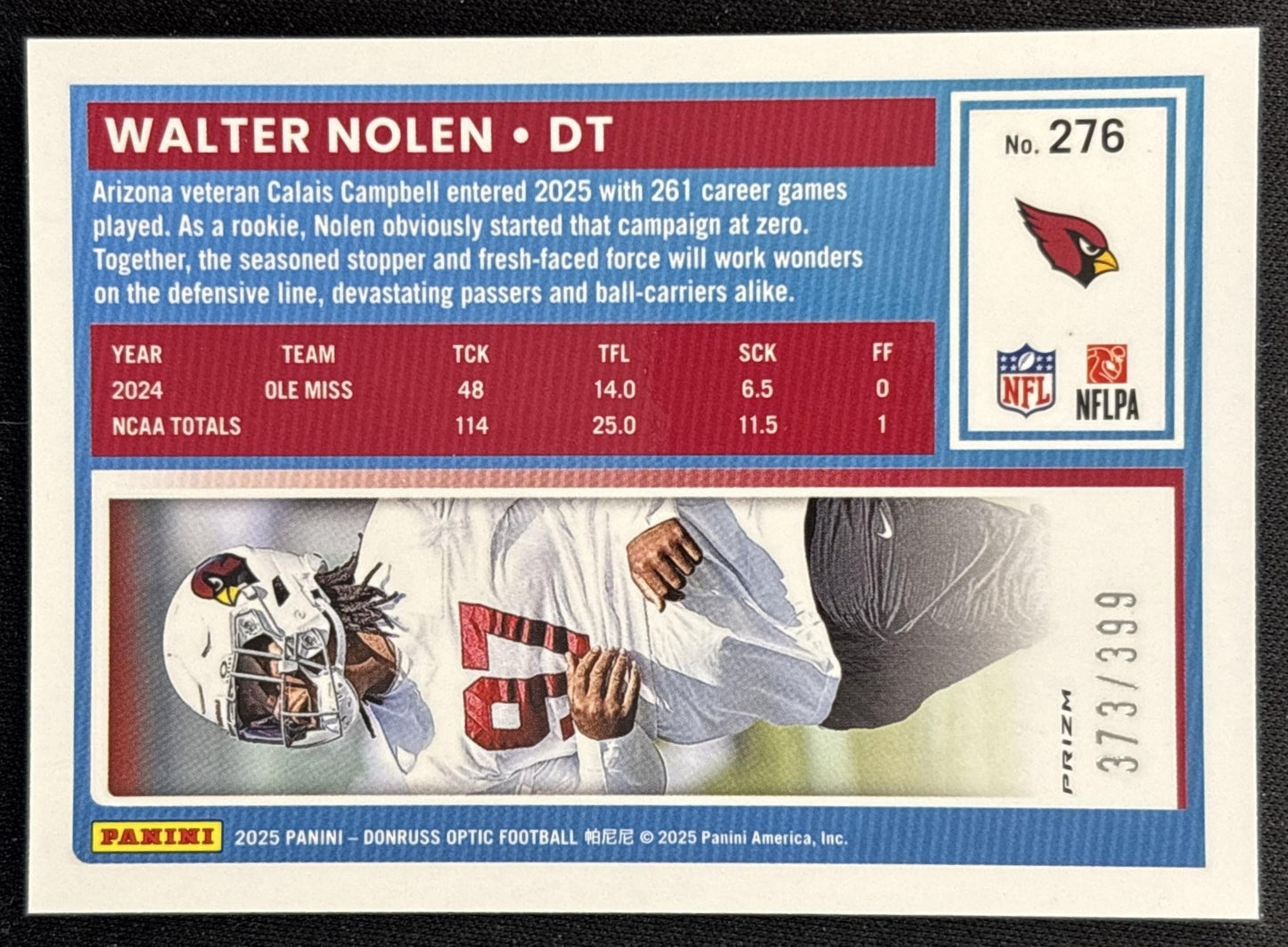 Walter Nolen Optic Rated Rookie Blue /399 Cardinals back