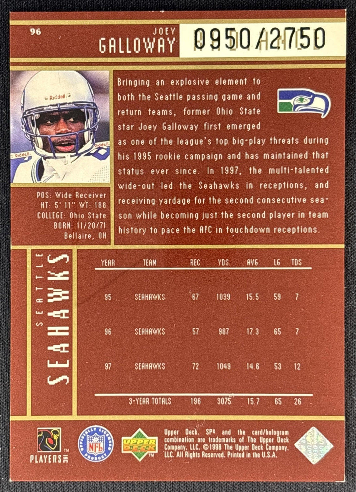Joey Galloway 1998 SPx Finite Radiance /2750 Seahawks back