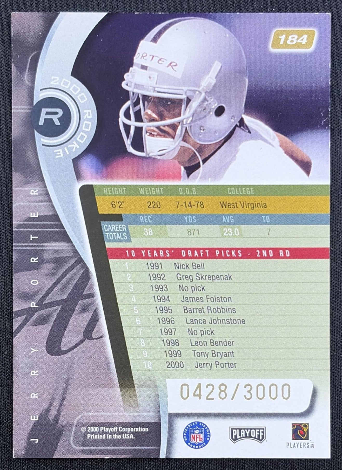 Jerry Porter 2000 Playoff Absolute /3000 Raiders back