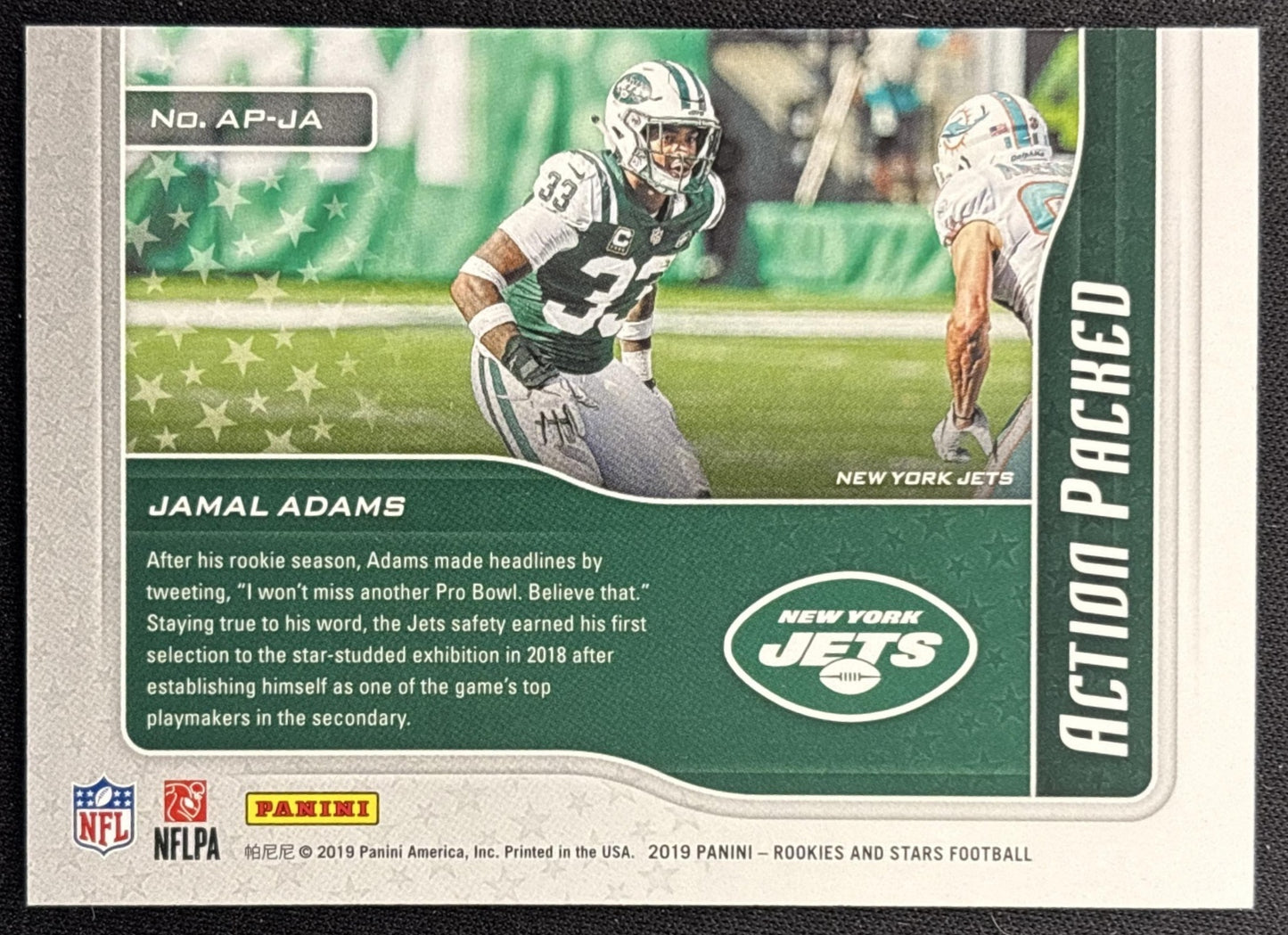 Jamal Adams 2019 Panini Rookies & Stars Action Packed True Blue /49 Jets back