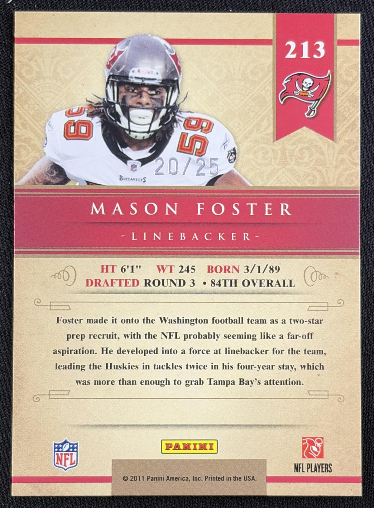Mason Foster 2011 Panini Gold Standard Platinum /25 Buccaneers Sports Trading Card
