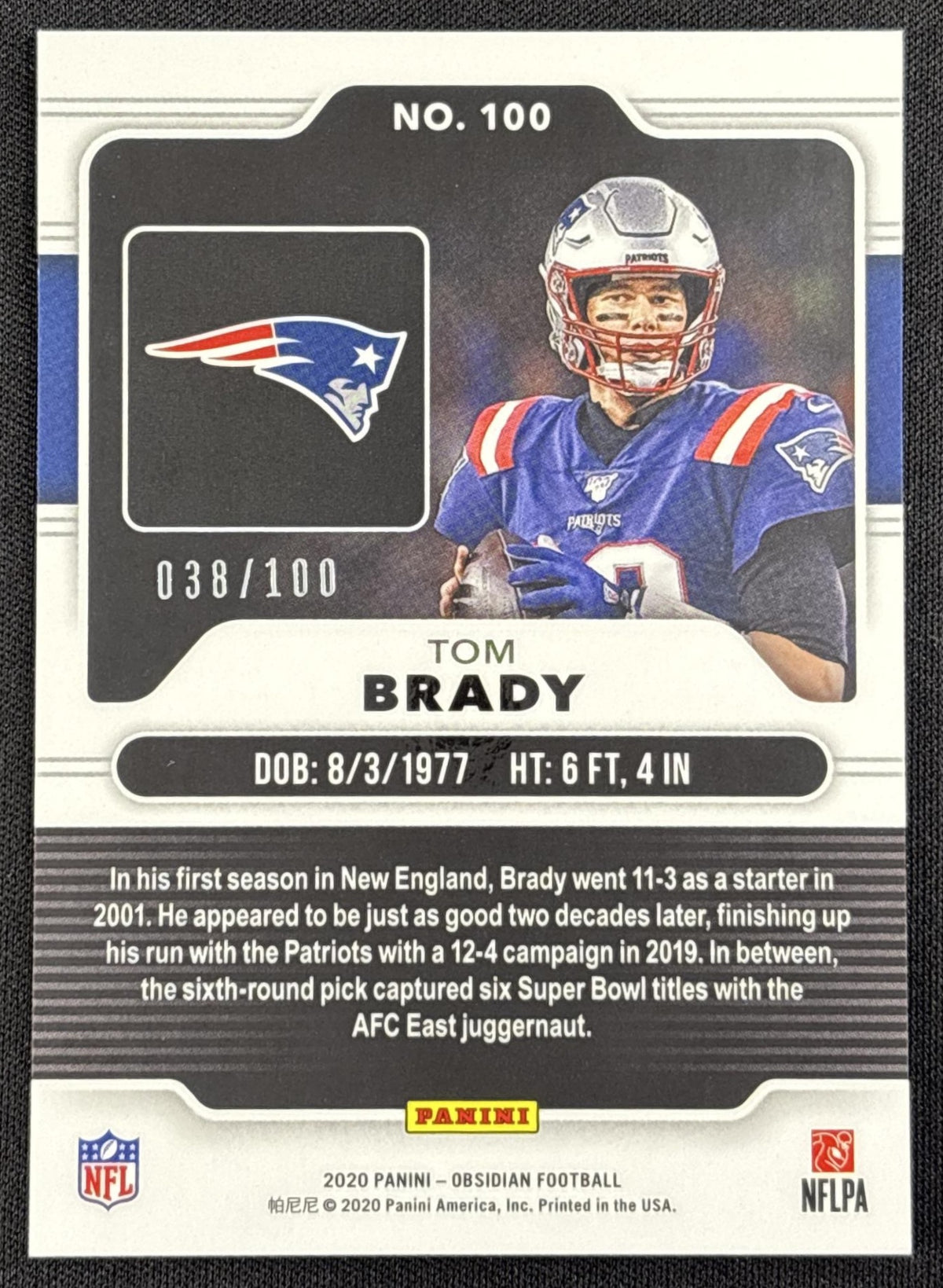 Tom Brady 2020 Panini Obsidian Electric Etch Purple /100 Patriots - back