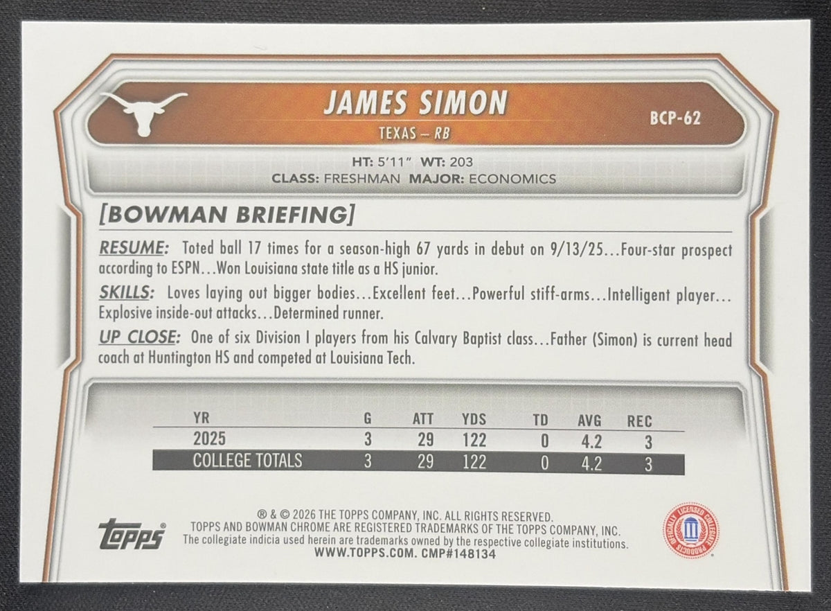 James Simon 2026 Bowman Chrome Prospects Speckle Refractor Longhorns