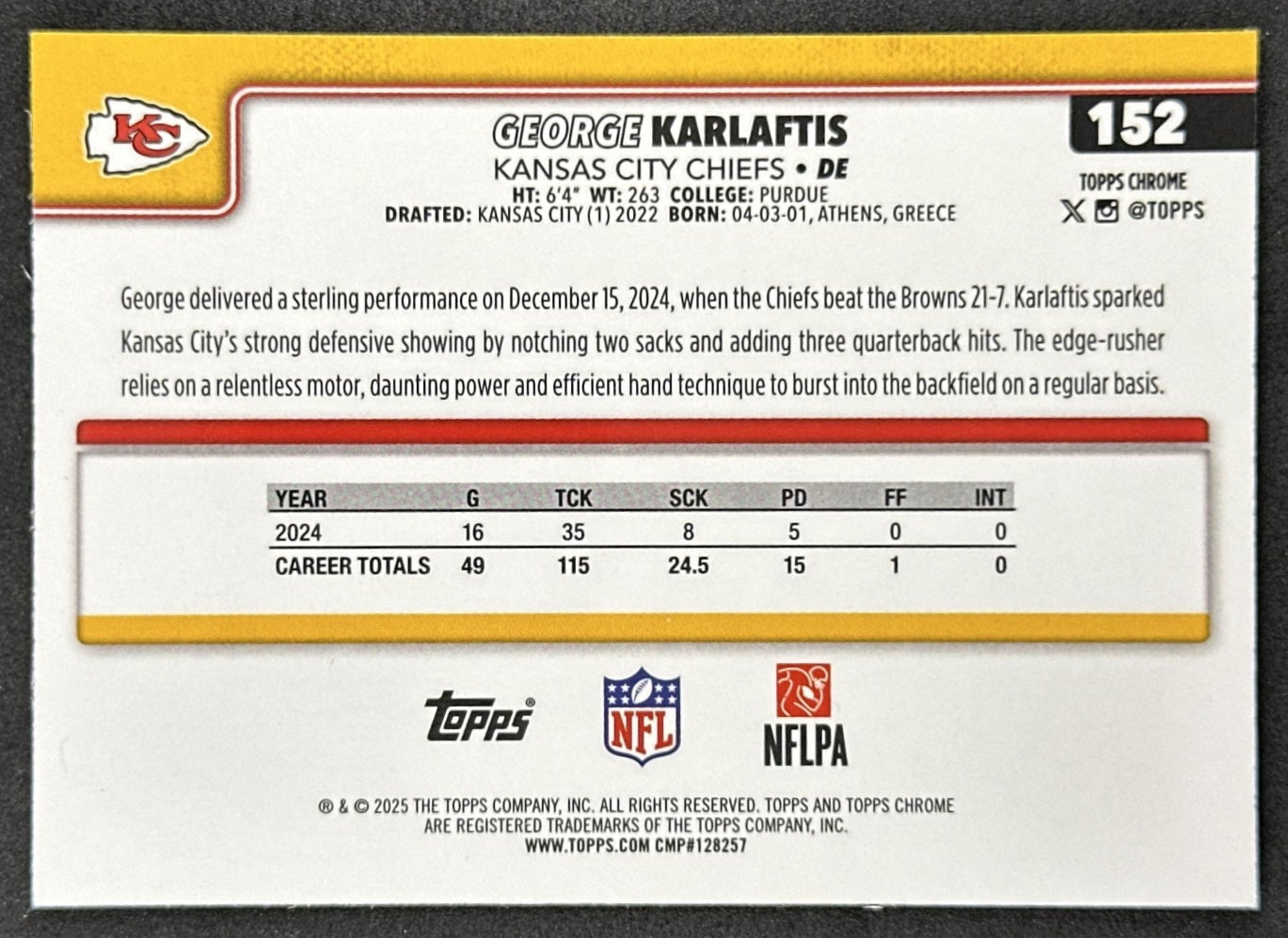 George Karlaftis 2025 Topps Chrome RayWave Refractor Chiefs back