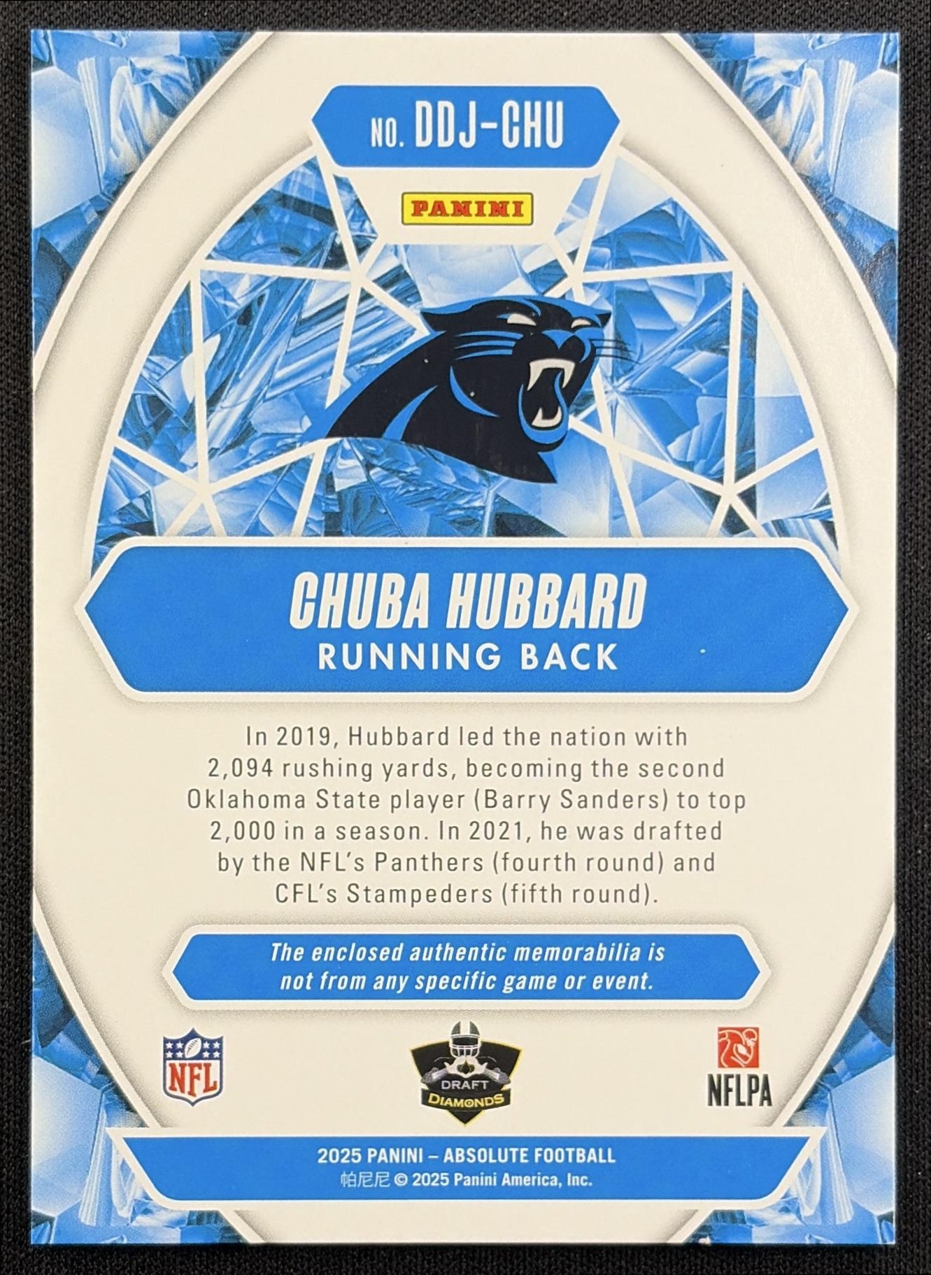 Chuba Hubbard 2025 Panini Absolute Draft Diamonds Jersey Gold /99 Panthers - back