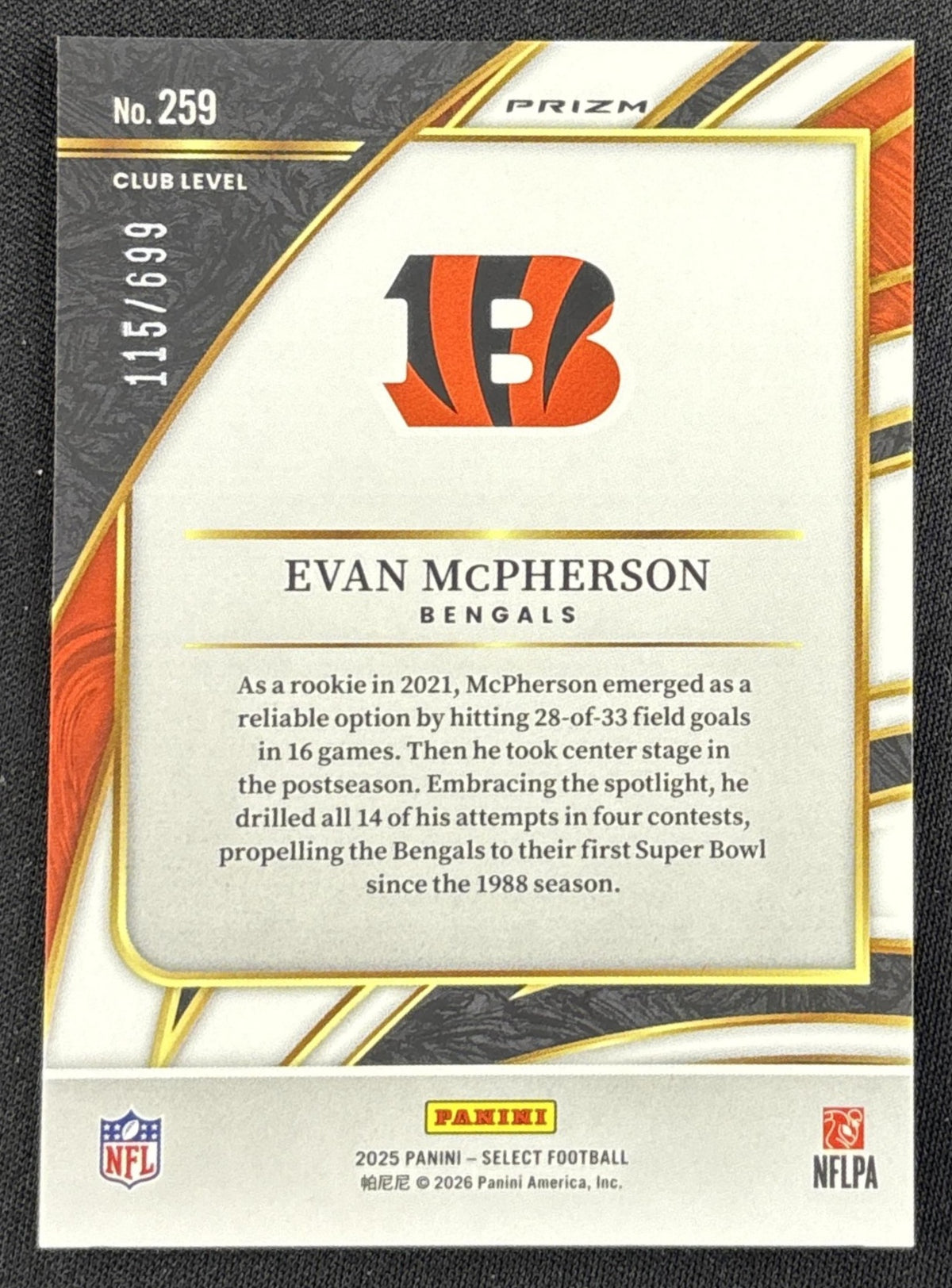 Evan McPherson 2025 Panini Select Club Level Purple Prizm Shock /699 Bengals