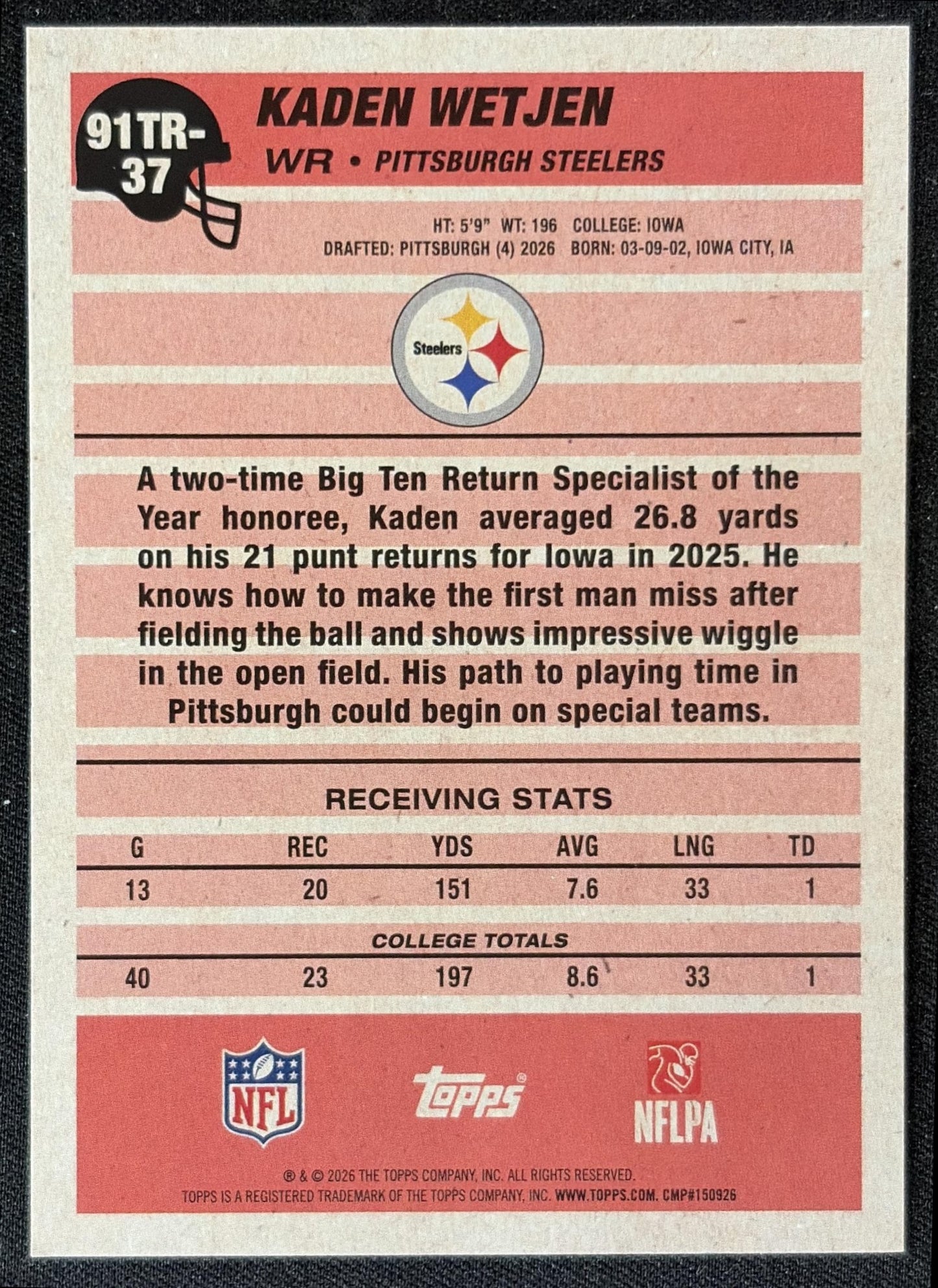 Kaden Wetjen 2026 Topps 1991 Rookie Steelers back