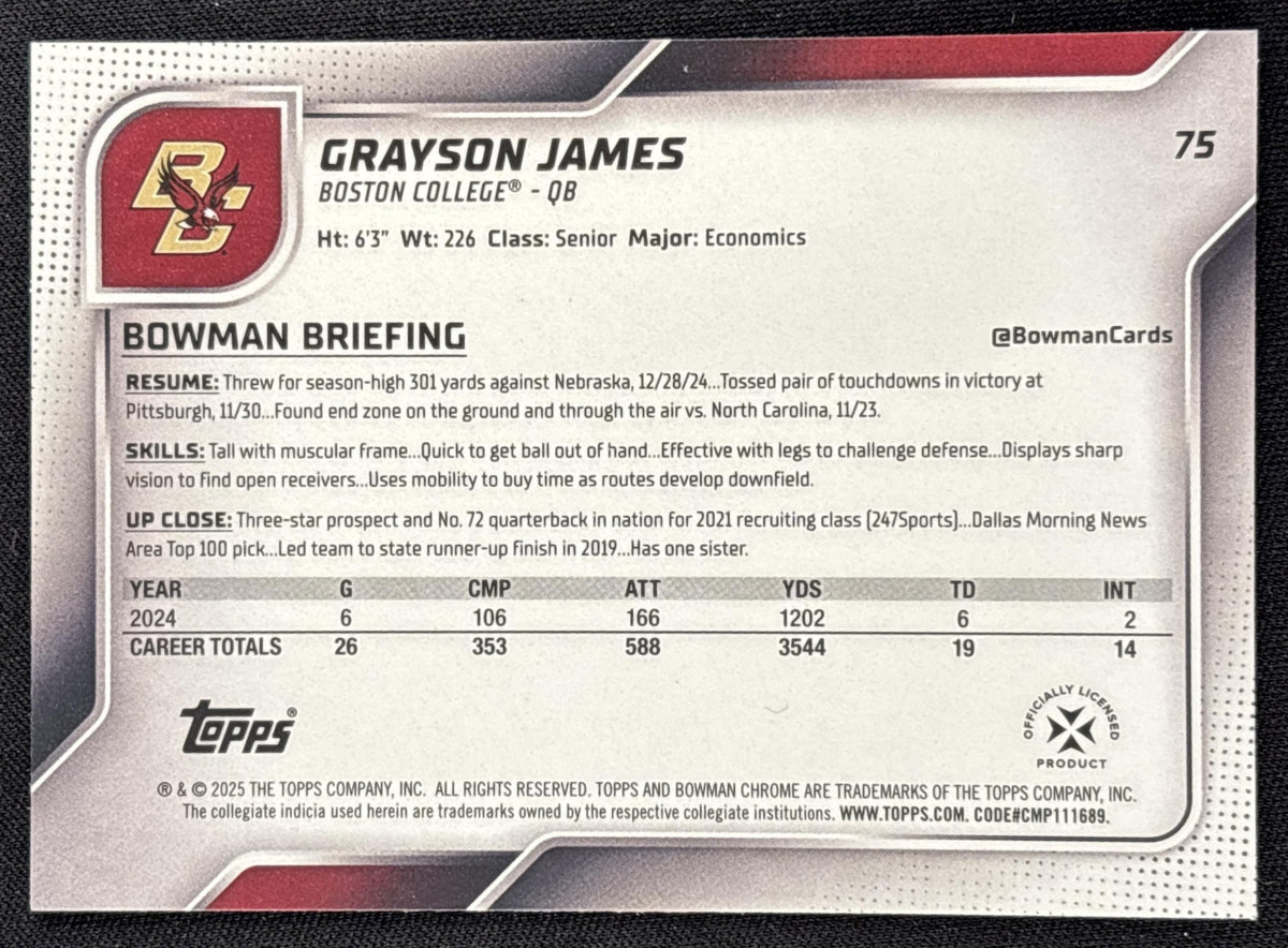 Grayson James 2025 Bowman Chrome University Prospects Yellow Refractor /350 Eagles