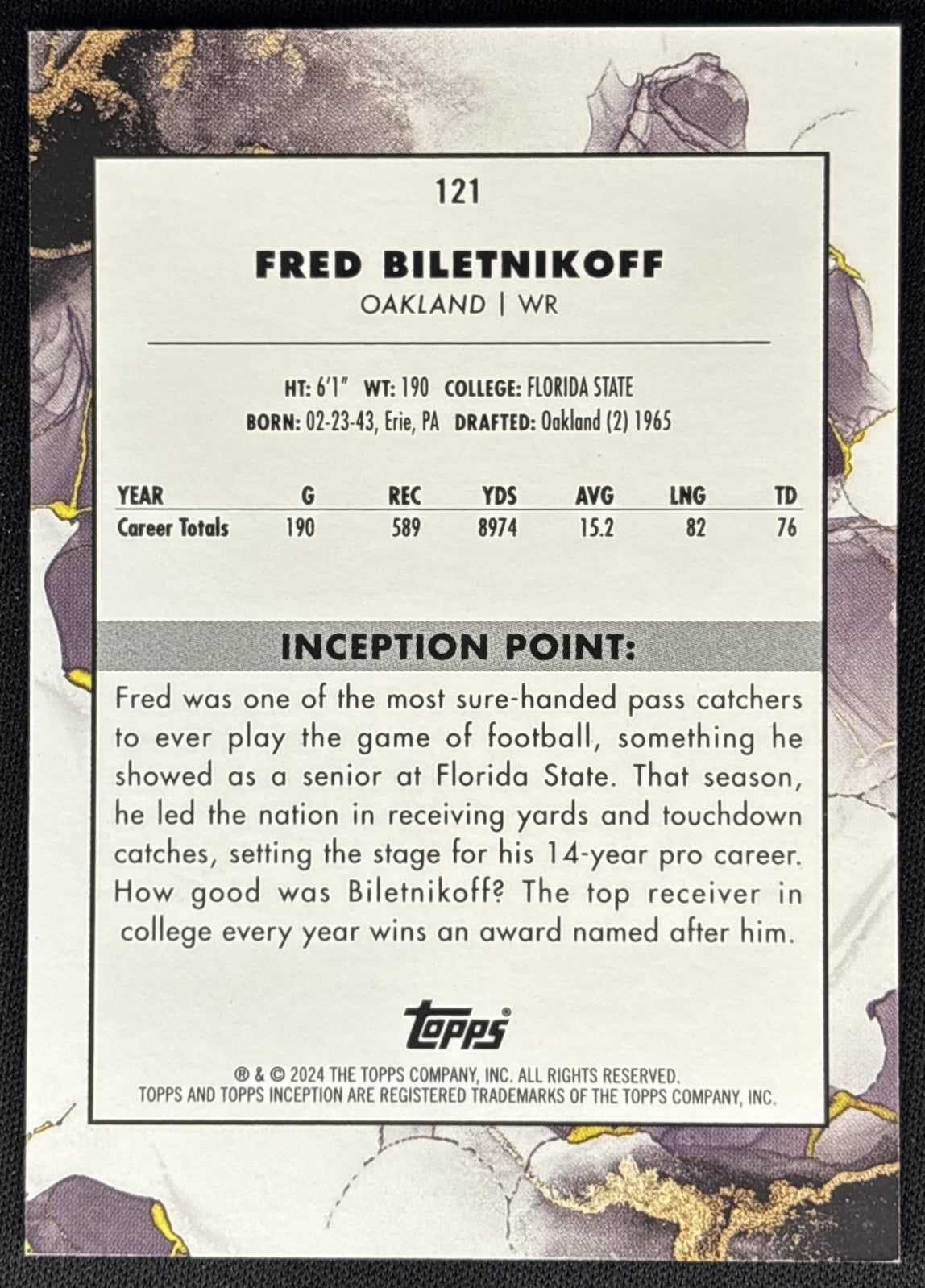 Fred Biletnikoff 2024 Topps Inception Red /75 Raiders back
