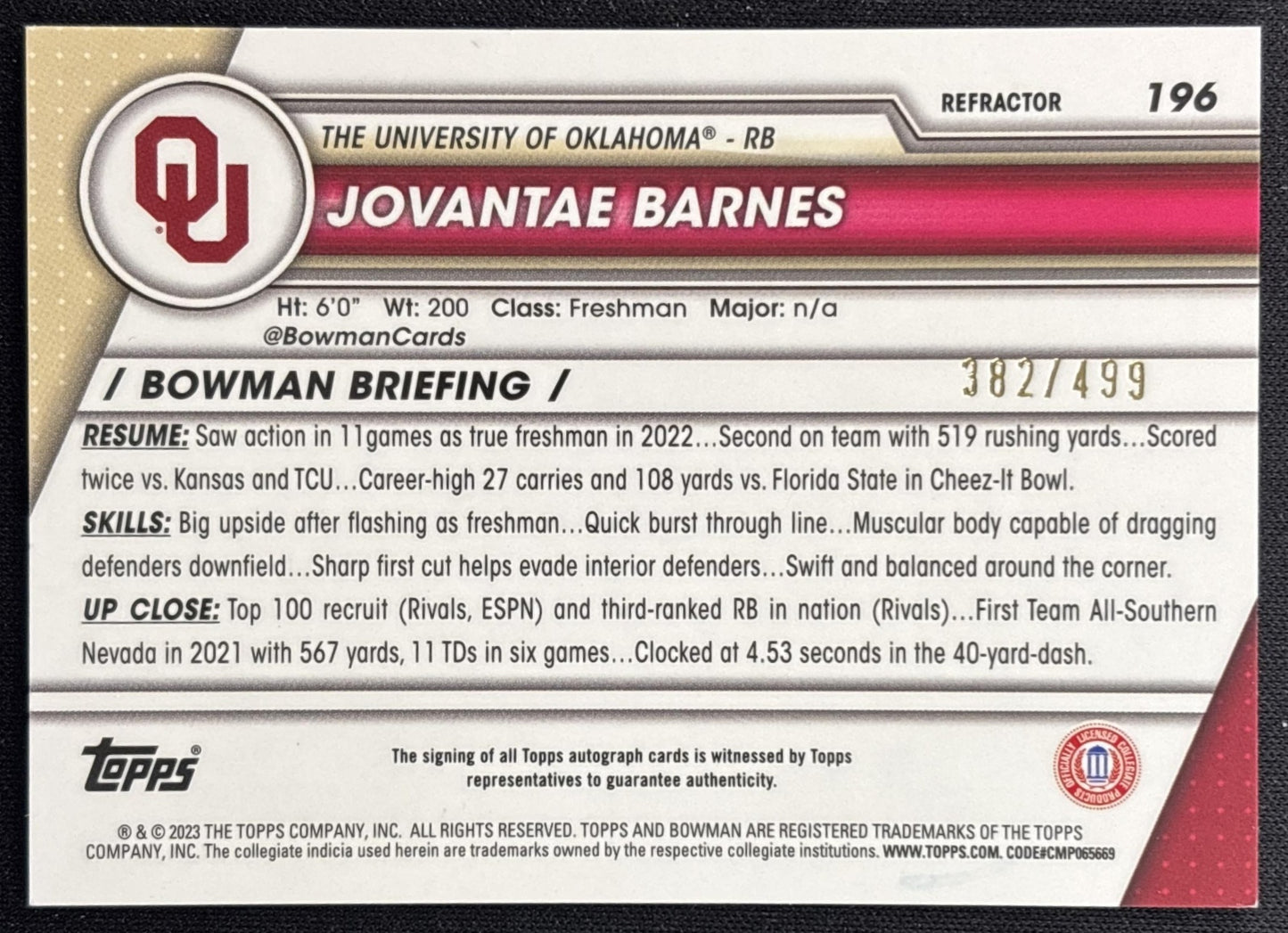 Jovantae Barnes 2023 University Chrome Prospect Auto Refractor /499 Sooners back