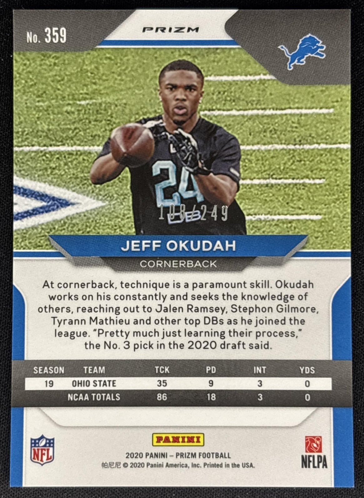 Jeff Okudah 2020 Panini Prizm Orange /249 Lions back