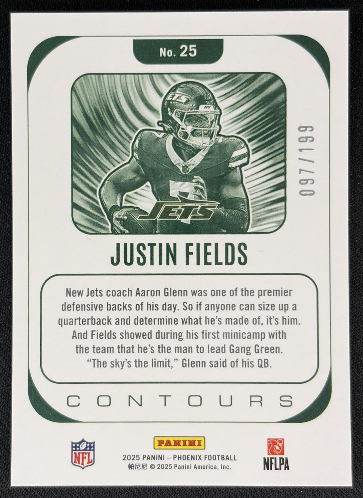 Justin Fields 2025 Panini Phoenix Contours Blue /199 Jets Sports Trading Cards