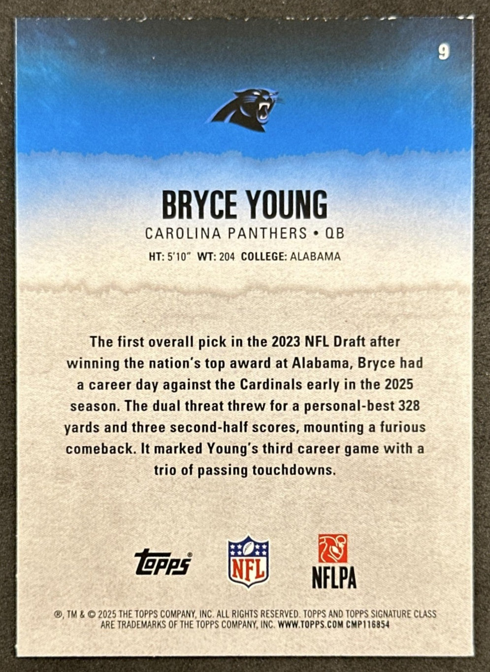 Bryce Young 2025 Topps Signature Class Veteran Blue & Yellow Foil Panthers