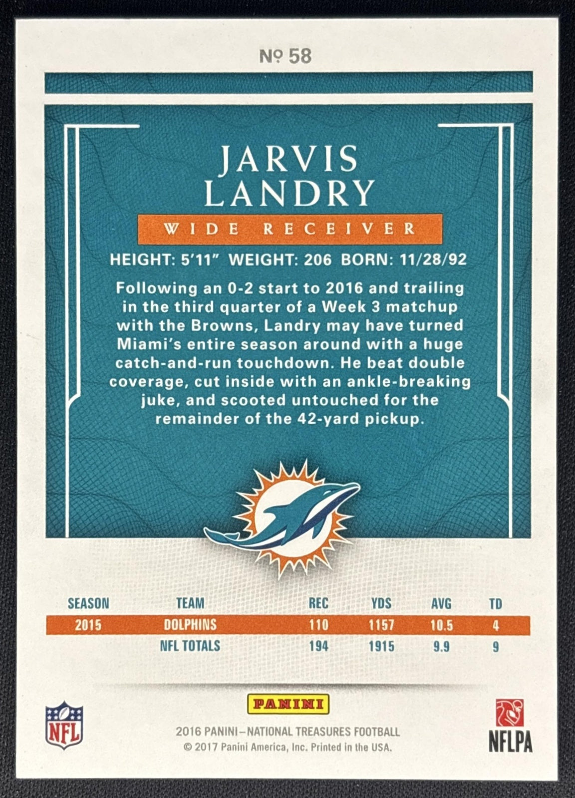 Jarvis Landry 2016 Panini National Treasures /99 Dolphins back
