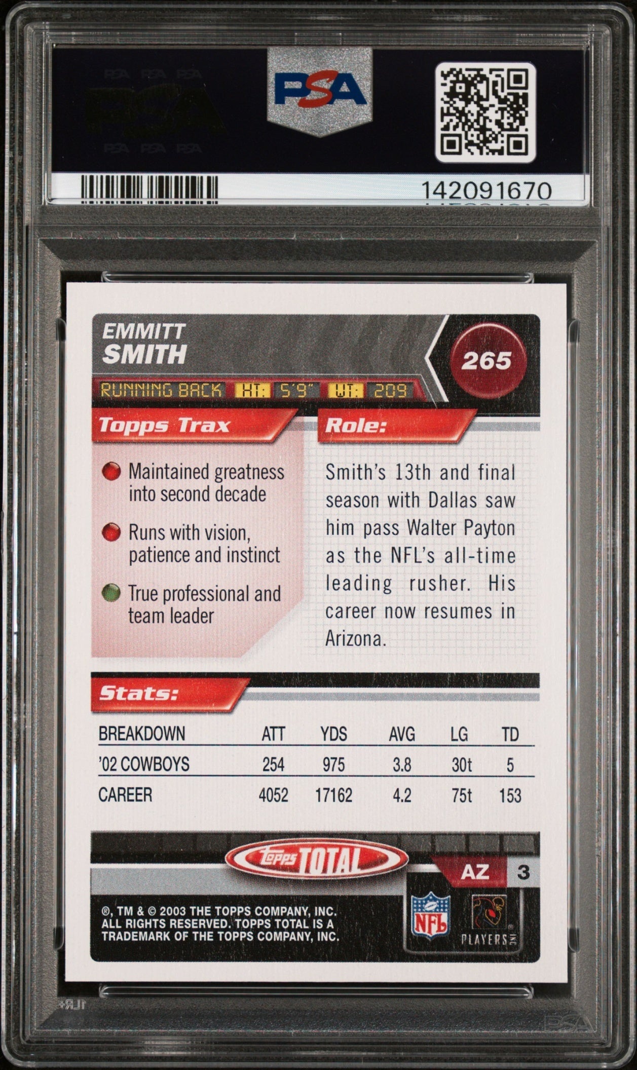 Emmitt Smith 2003 Topps Total PSA 9 Cardinals back