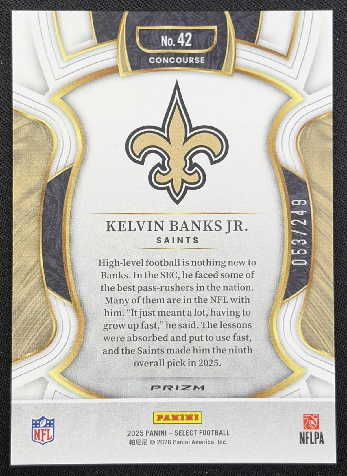 Kelvin Banks Jr. 2025 Panini Select Concourse Blue Prizm /249 Saints New Orleans Saints