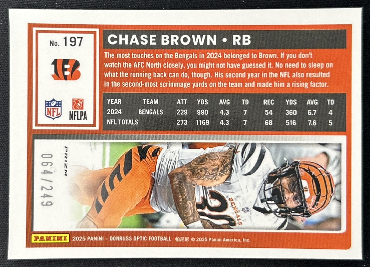Chase Brown 2025 Panini Donruss Optic Blue Prizm /249 Bengals back