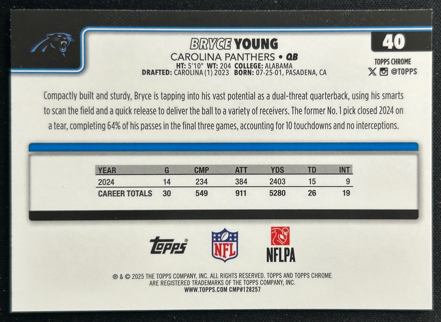 Bryce Young 2025 Topps Chrome Panthers Sports Trading Cards