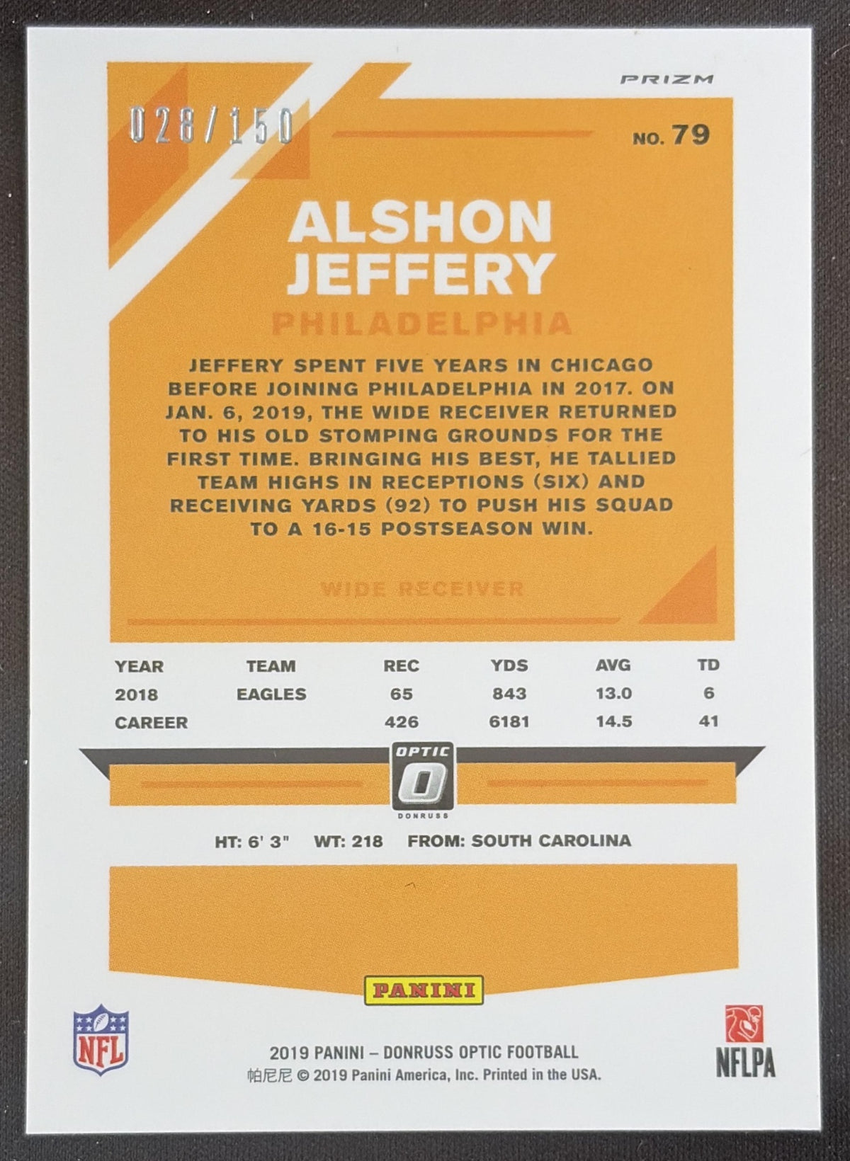 Alshon Jeffery 2019 Panini Donruss Optic Blue /150 Eagles Sports Trading Card