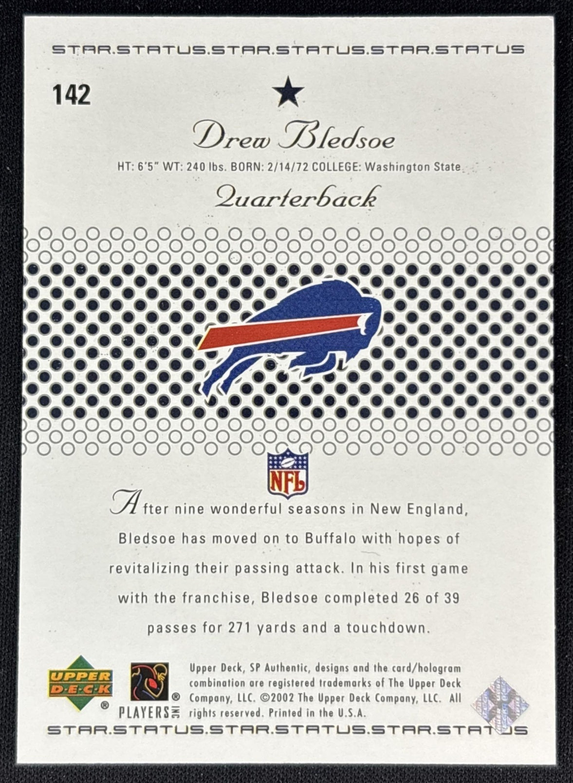 Drew Bledsoe 2002 SP Authentic /1150 Bills back