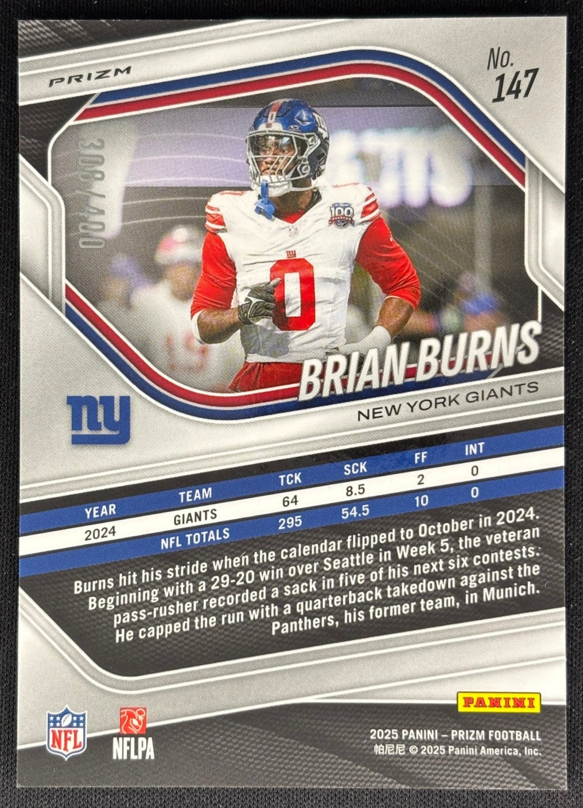 Brian Burns 2025 Prizm Pandora /400 Giants Sports Trading Cards