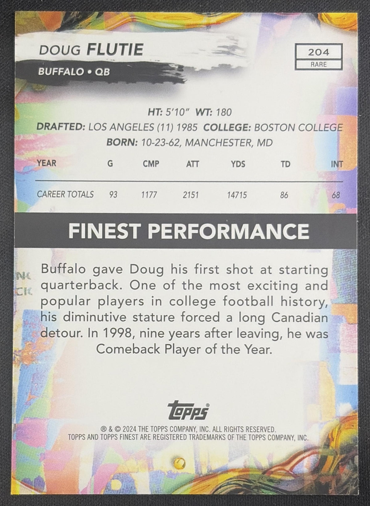 Doug Flutie 2024 Topps Finest Blue Refractor /99 Bills Sports Trading Card