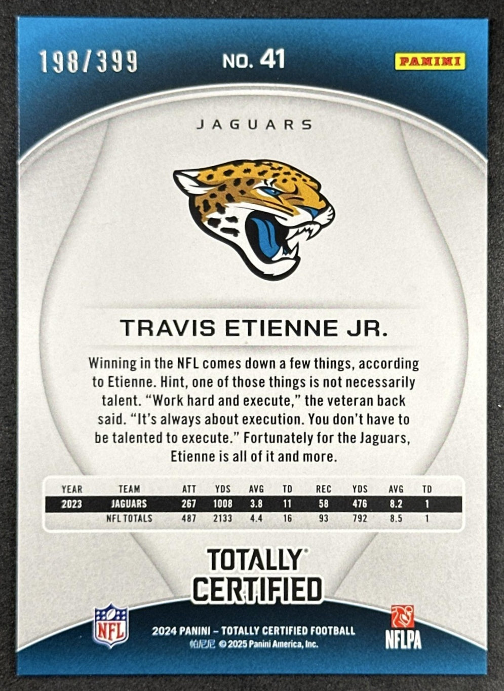 Travis Etienne Jr. 2024 Panini Totally Certified Mirror Neon Orange /399 Jaguars Sports Trading Card