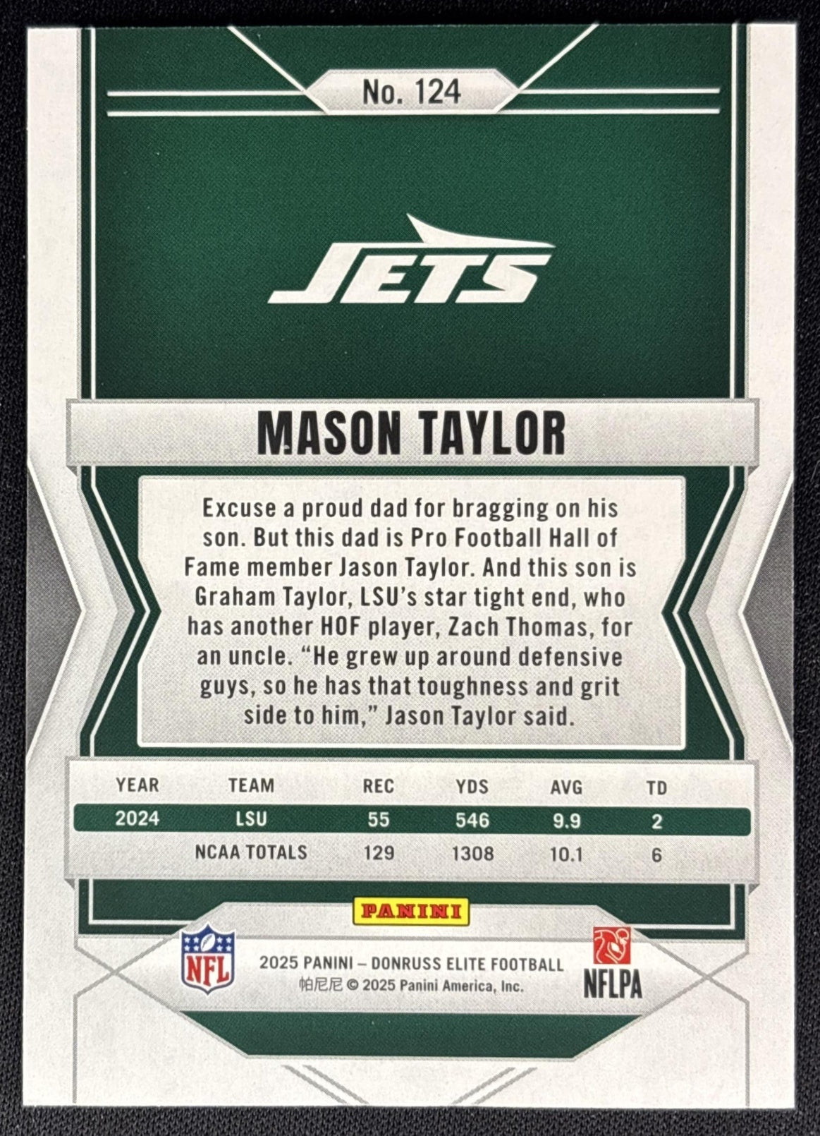 Mason Taylor 2025 Panini Donruss Elite Rookies Red /99 Jets back