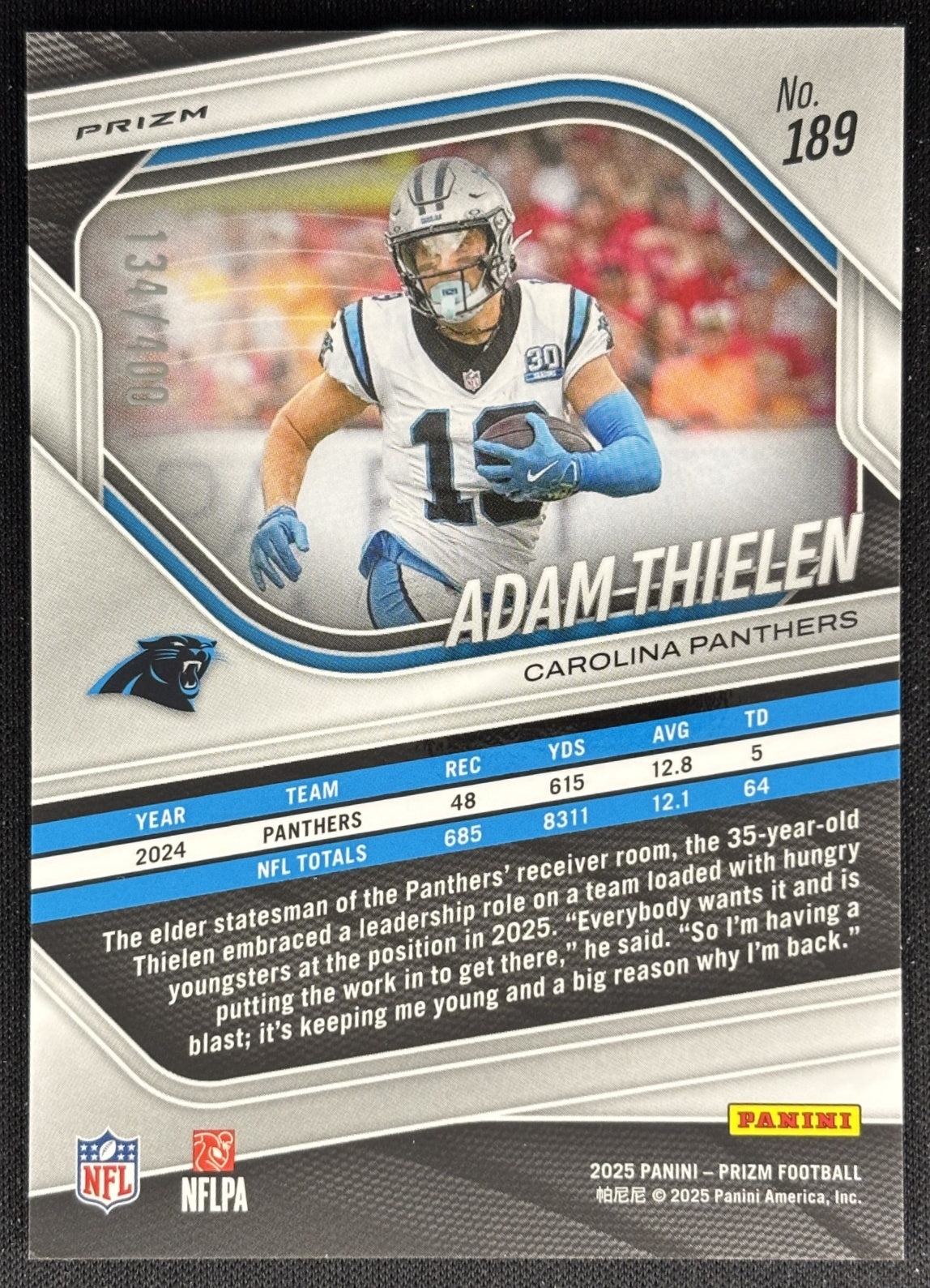 Adam Thielen 2025 Panini Prizm Pandora /400 Panthers