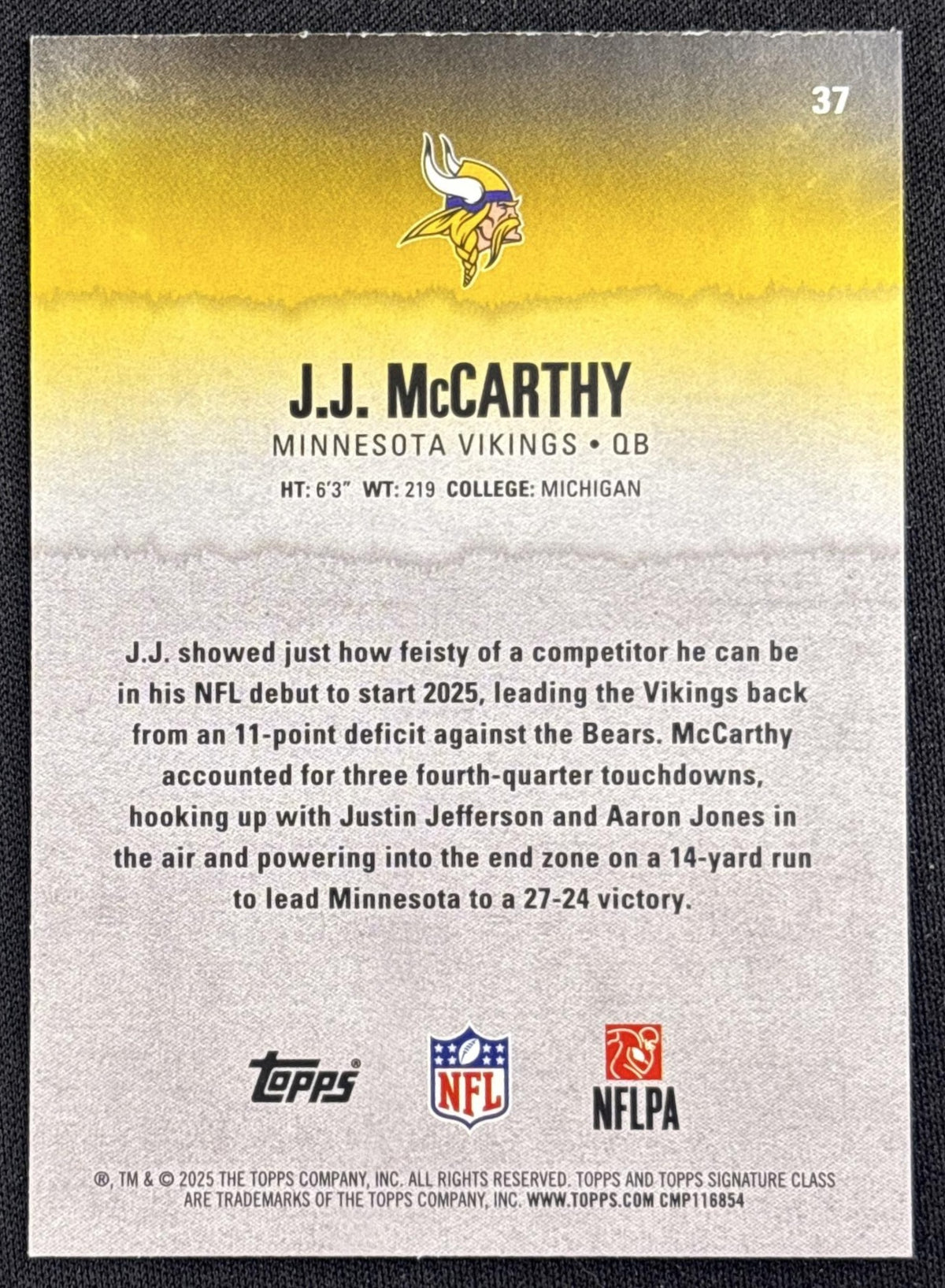 J.J. McCarthy 2025 Topps Signature Class Veteran Teal Foil /225 Vikings