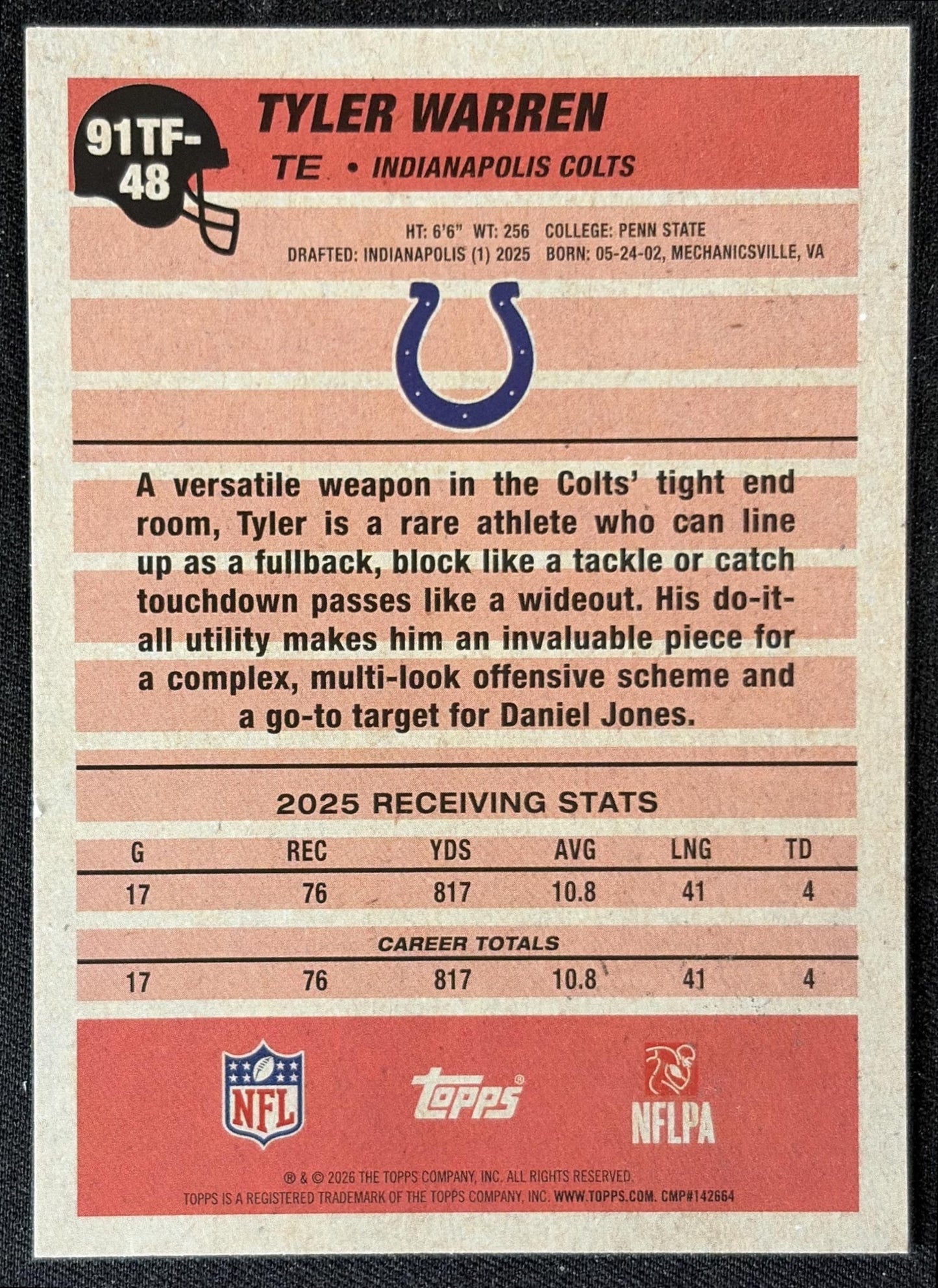 Tyler Warren 2026 Topps 1991 Colts back