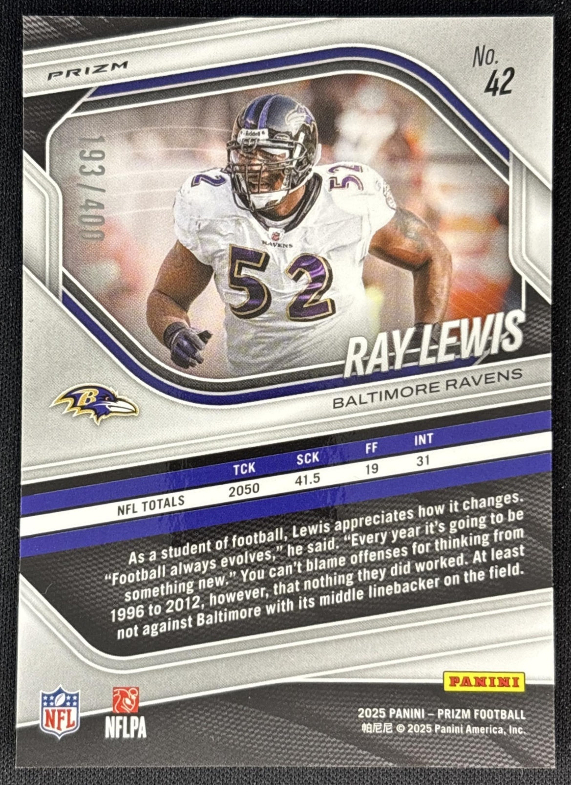 Ray Lewis 2025 Panini Prizm Pandora /400 Ravens back