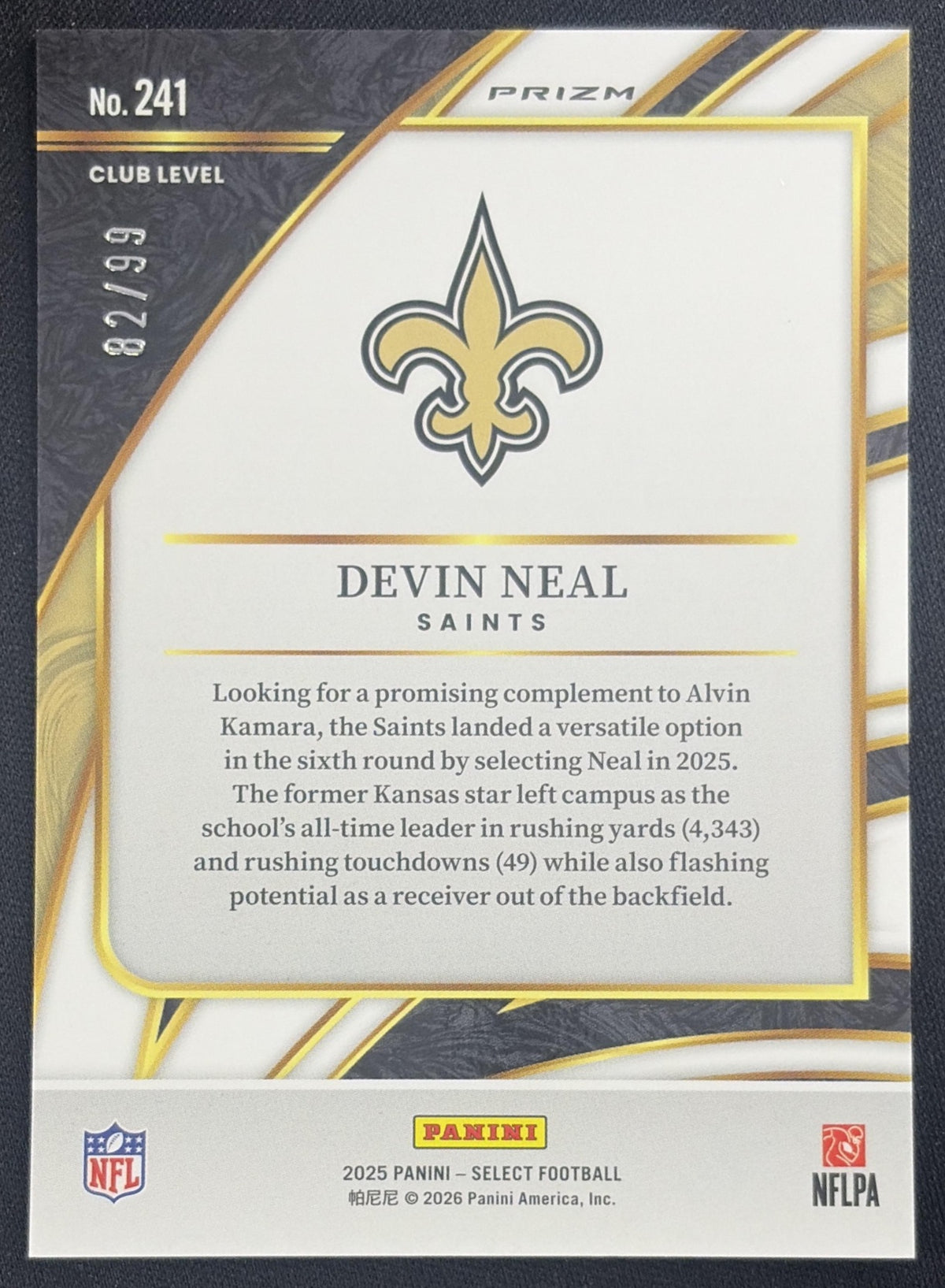 Devin Neal 2025 Panini Select Club Level Blue Prizm /99 Saints