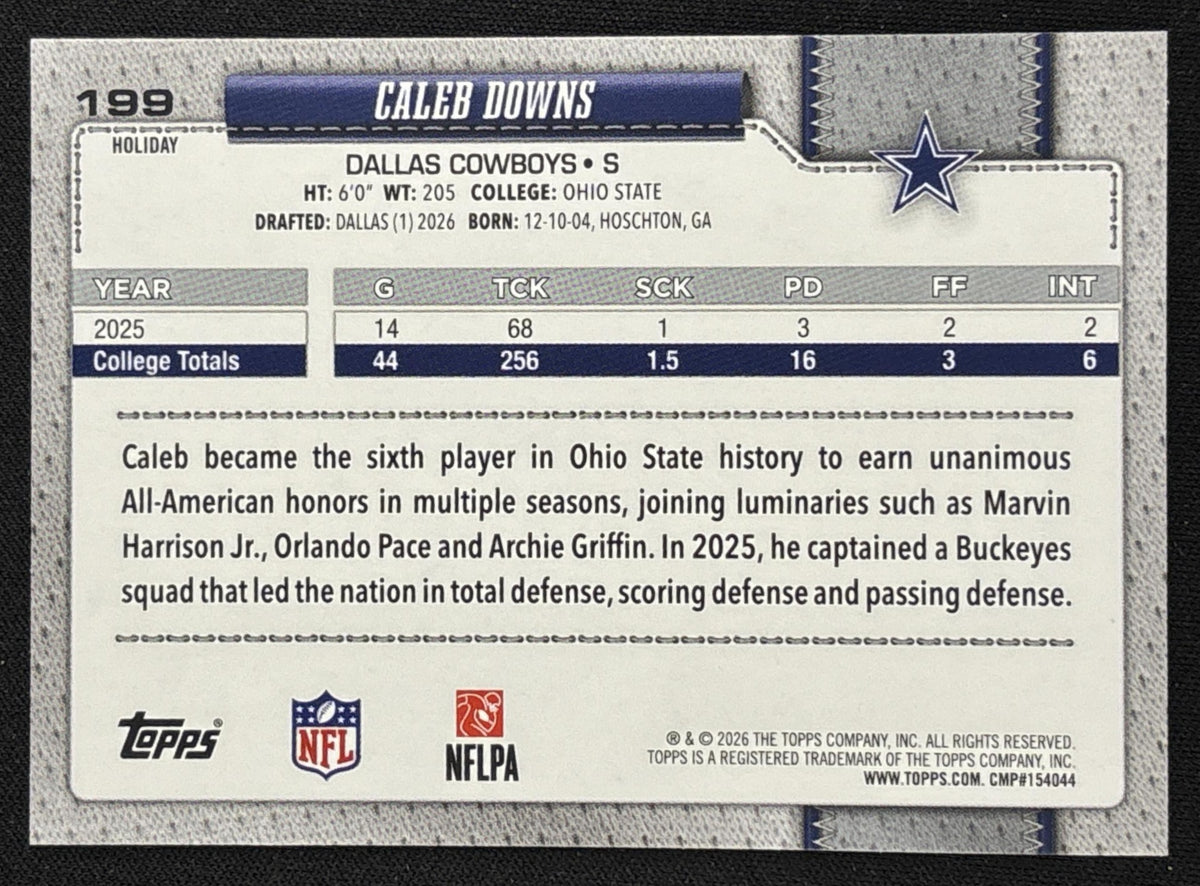 Caleb Downs 2026 Topps Holiday Blue Metallic Glitter Cowboys Sports Trading Card
