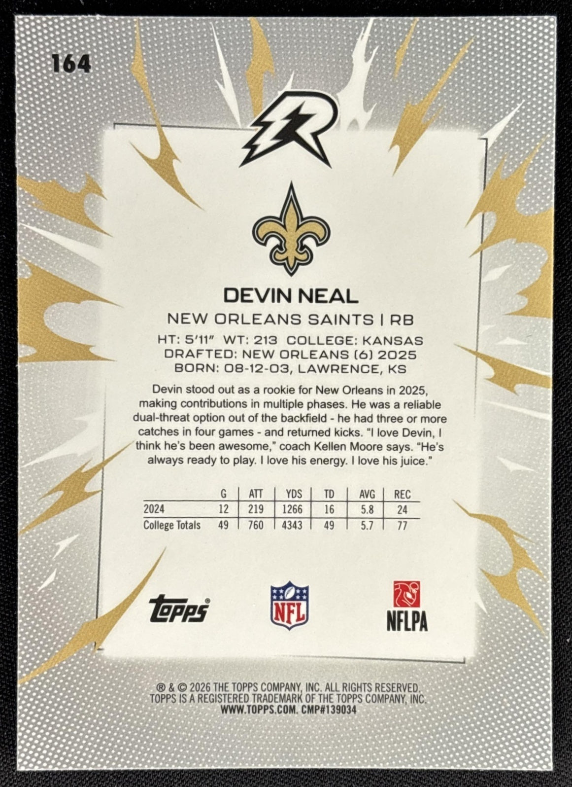 Devin Neal 2025 Topps Resurgence Blue and Orange Spark Refractor Saints Sports Trading Card