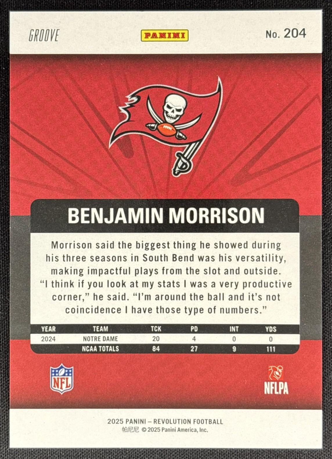 Benjamin Morrison 2025 Panini Revolution Rookies Groove Buccaneers Sports Trading Cards