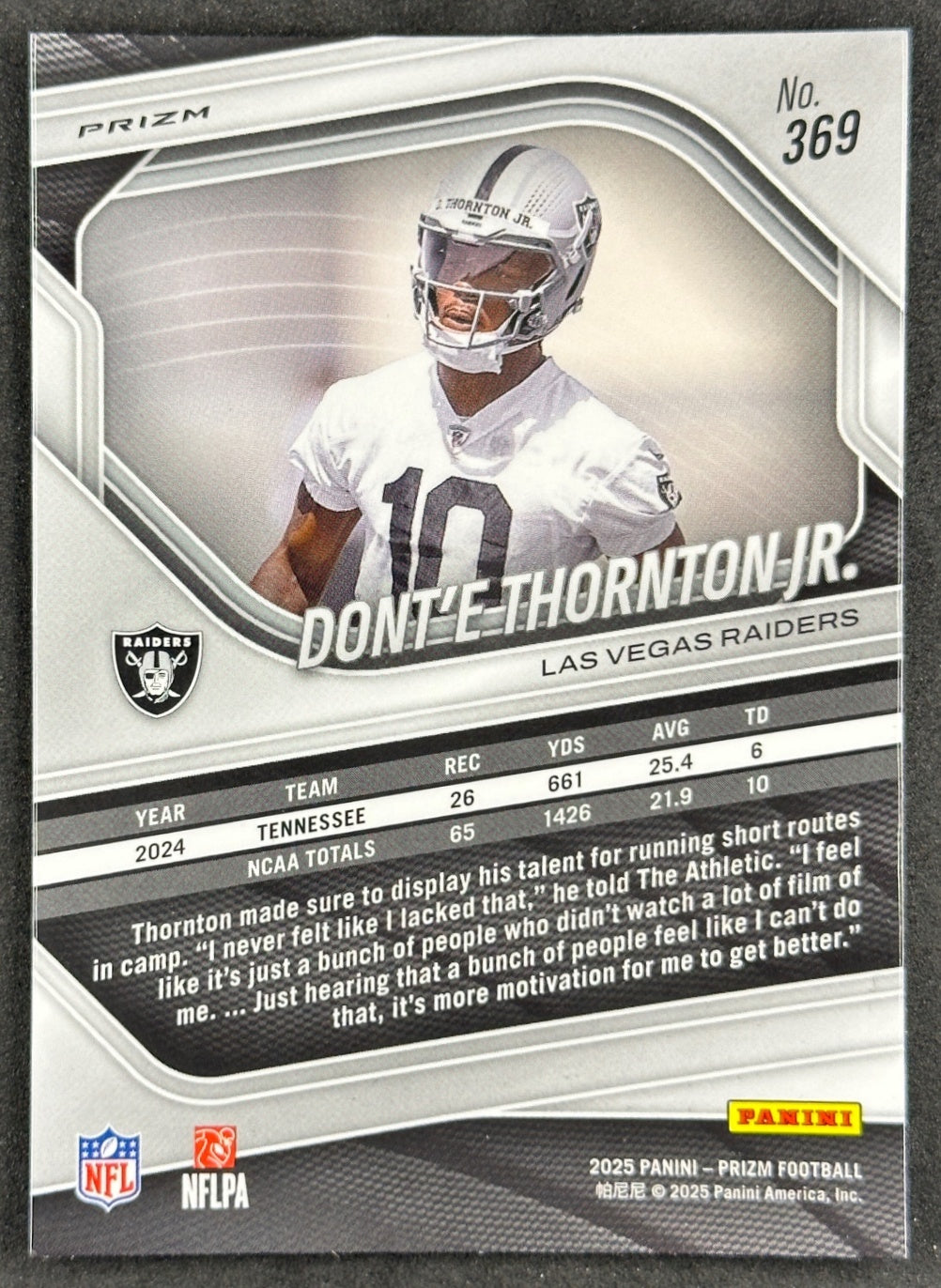 Dont'e Thornton Jr. 2025 Prizm Lazer Raiders Sports Trading Cards