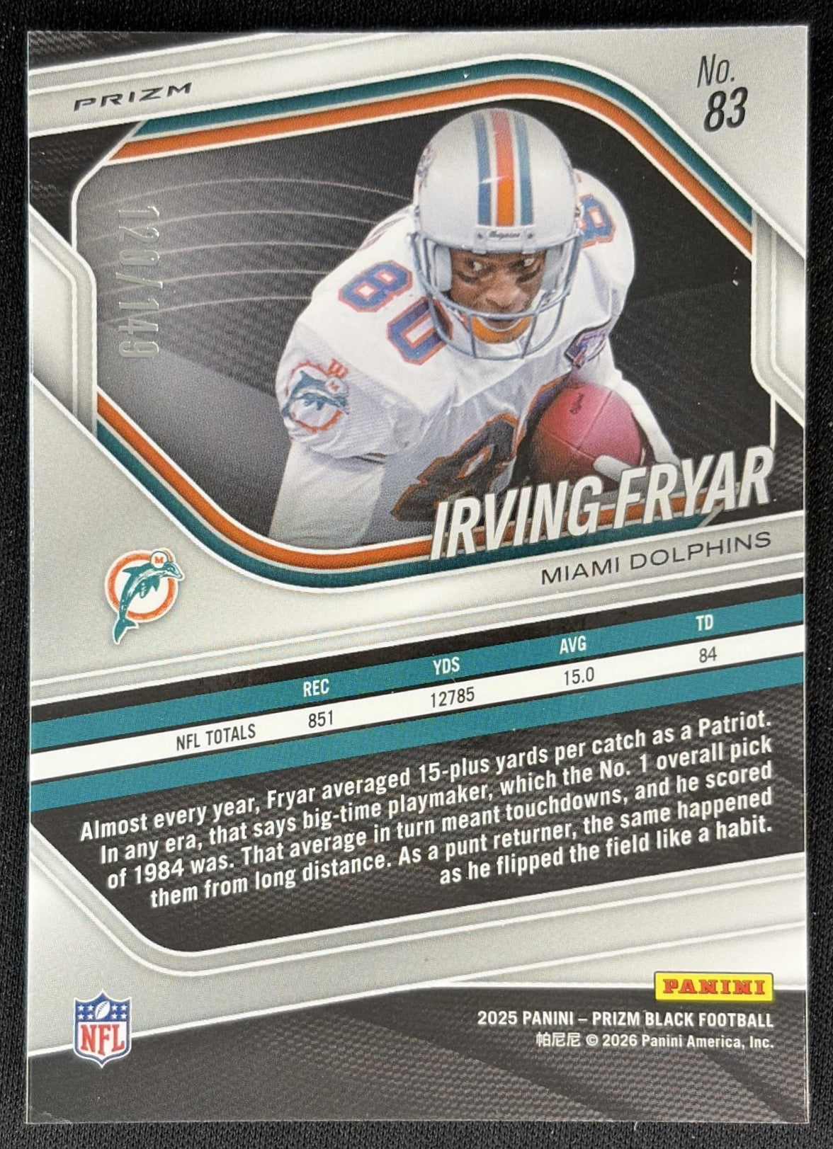 Irving Fryar 2025 Panini Prizm Black Purple Ice /149 Dolphins back