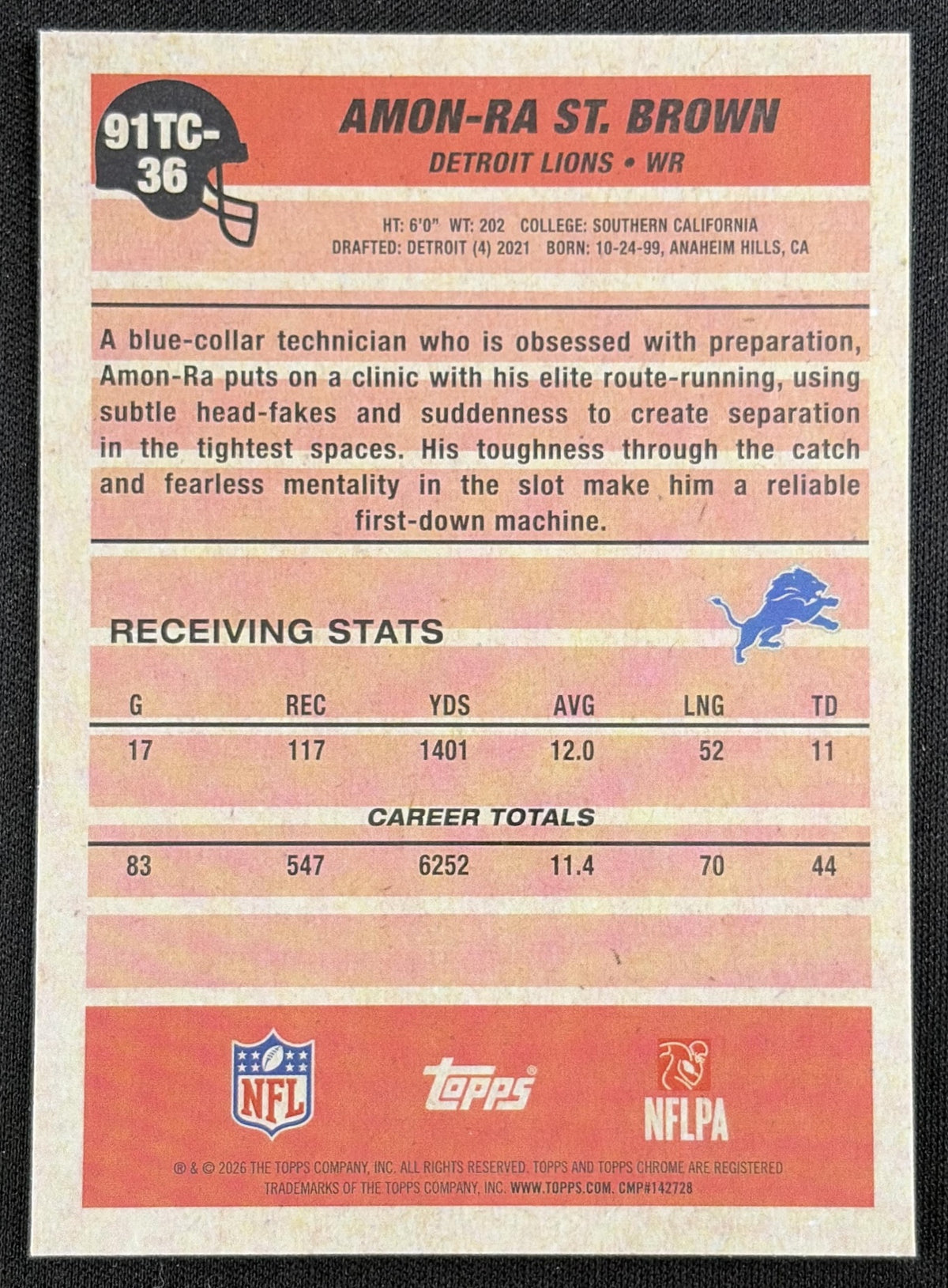 Amon-Ra St. Brown 2026 Topps 1991 Chrome Mojo Refractor Lions back