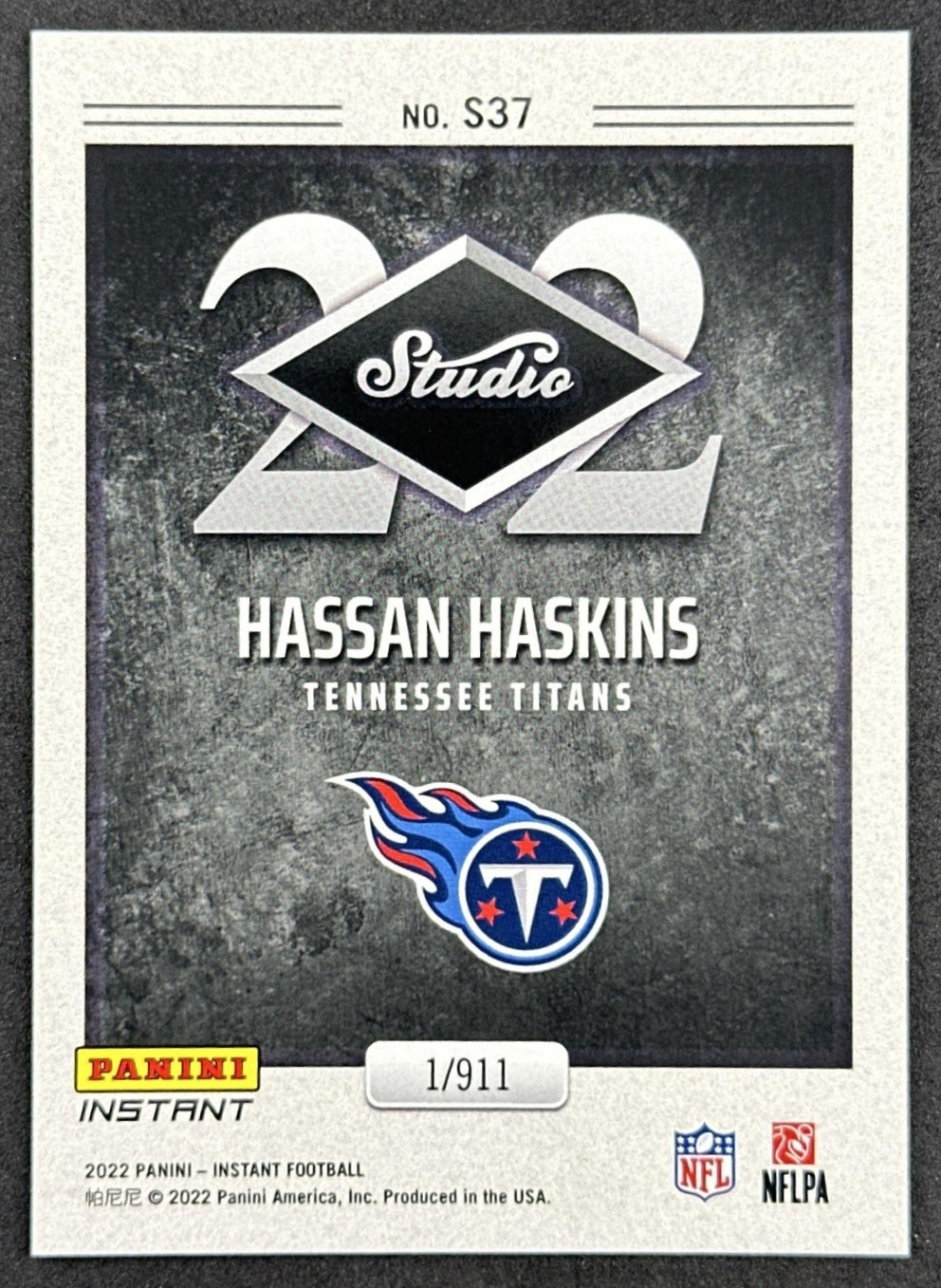 Hassan Haskins 2022 Panini Instant Studio Rookie /911 Titans Chargers back sports trading card