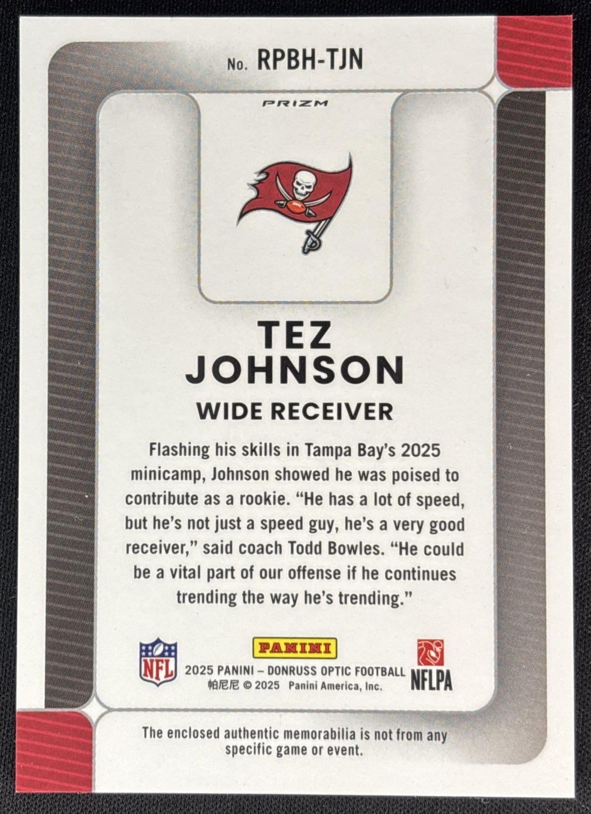 Tez Johnson 2025 Panini Donruss Optic Rookie Phenoms Blue Hyper Prizm Buccaneers