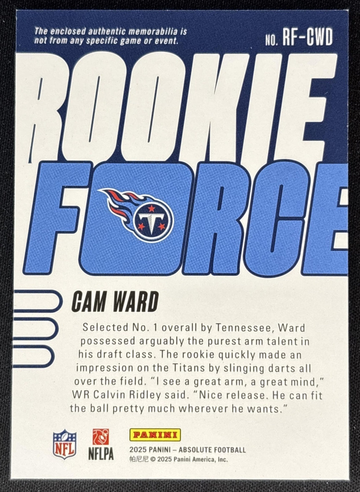 Cam Ward 2025 Panini Absolute Rookie Force Titans back