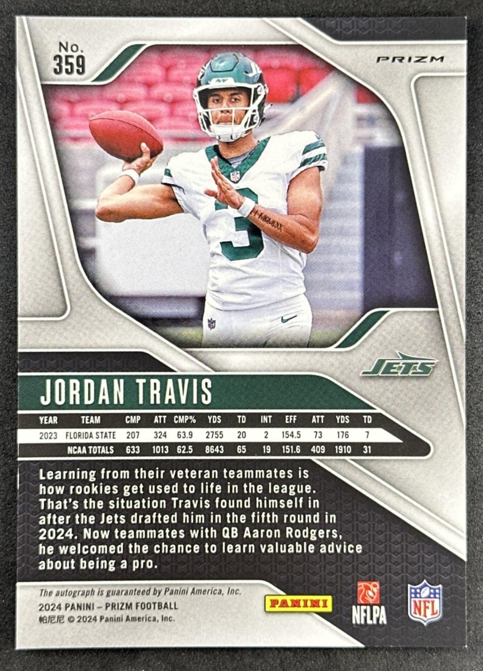 Jordan Travis 2024 Panini Prizm Auto Silver Jets back