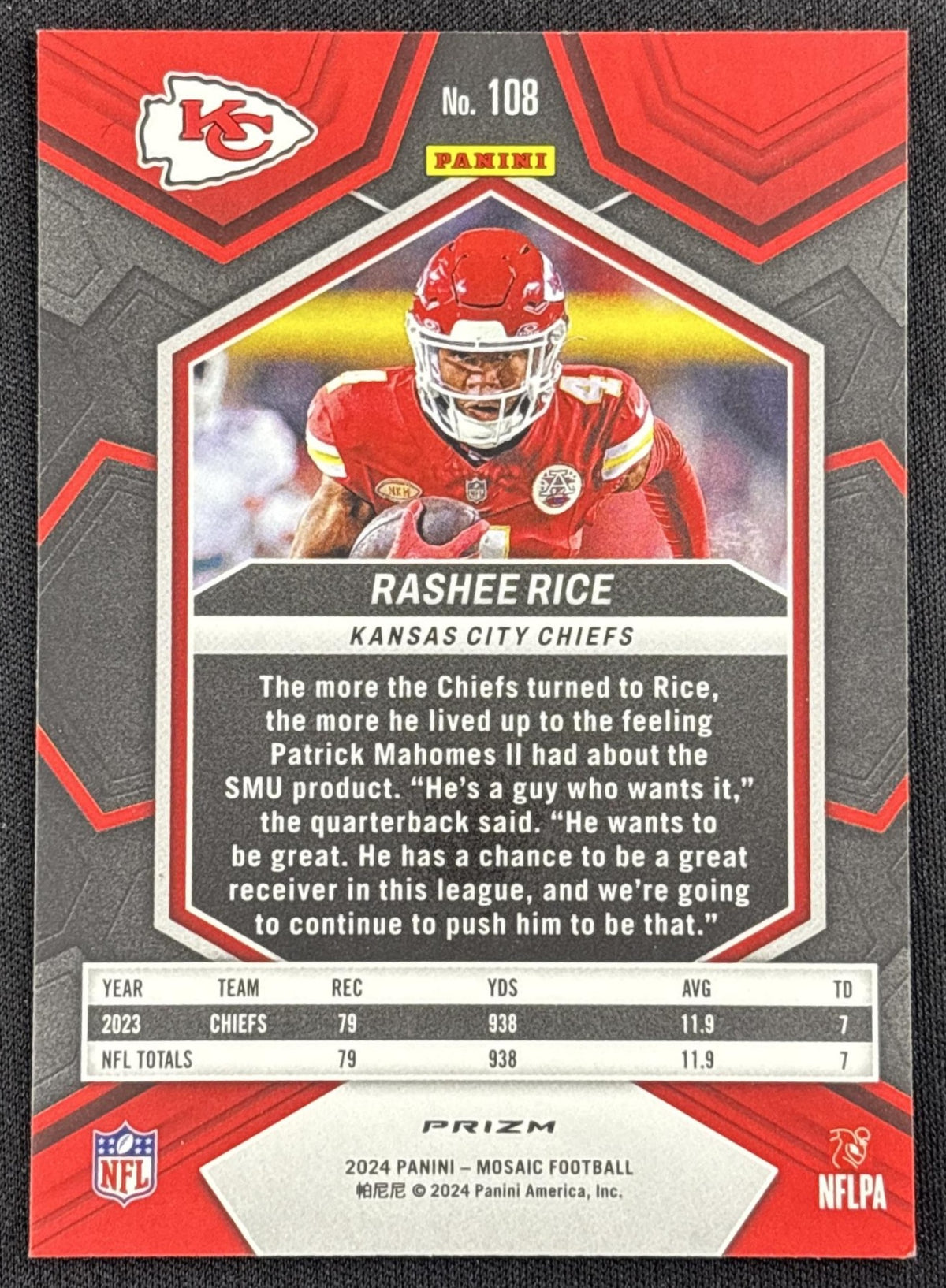 Rashee Rice 2024 Panini Mosaic Red Sparkle Prizm Chiefs